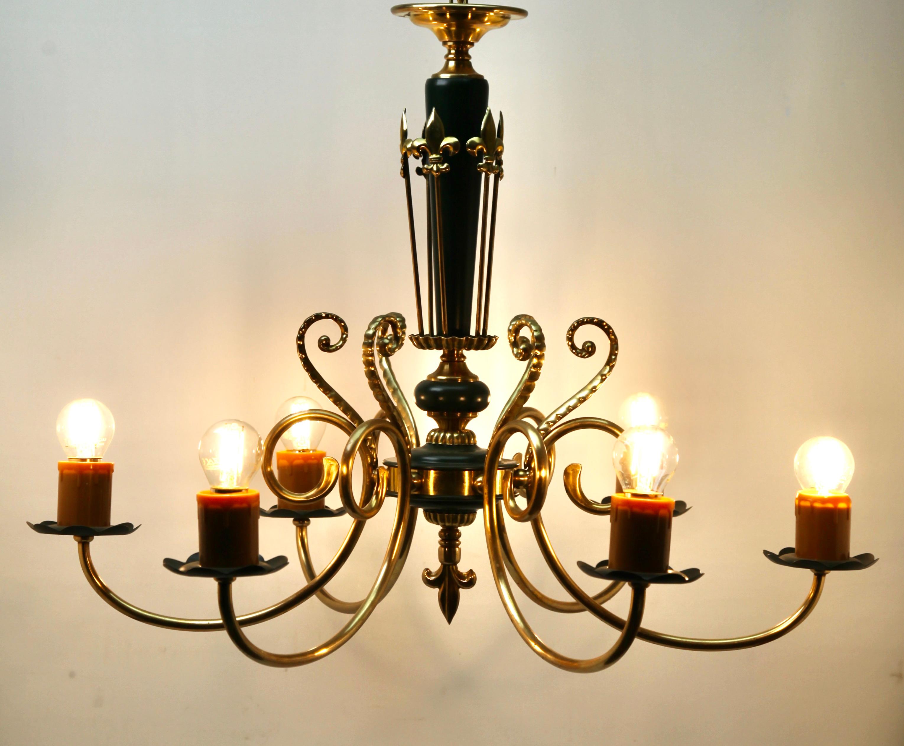 Hand-Crafted Vintage Chandelier Brass and Wood Decoratief Details Six Arms Belgium, 1950s