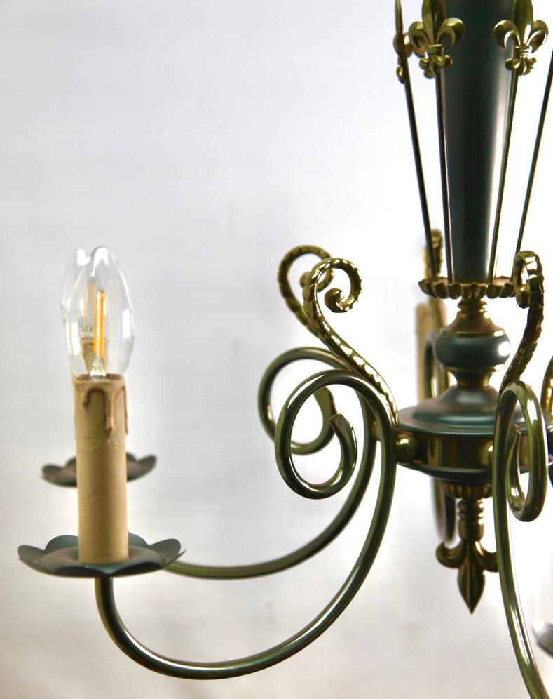 Hand-Crafted Vintage Chandelier Brass and Wood Decoratief Details Six Arms Belgium, 1950s For Sale