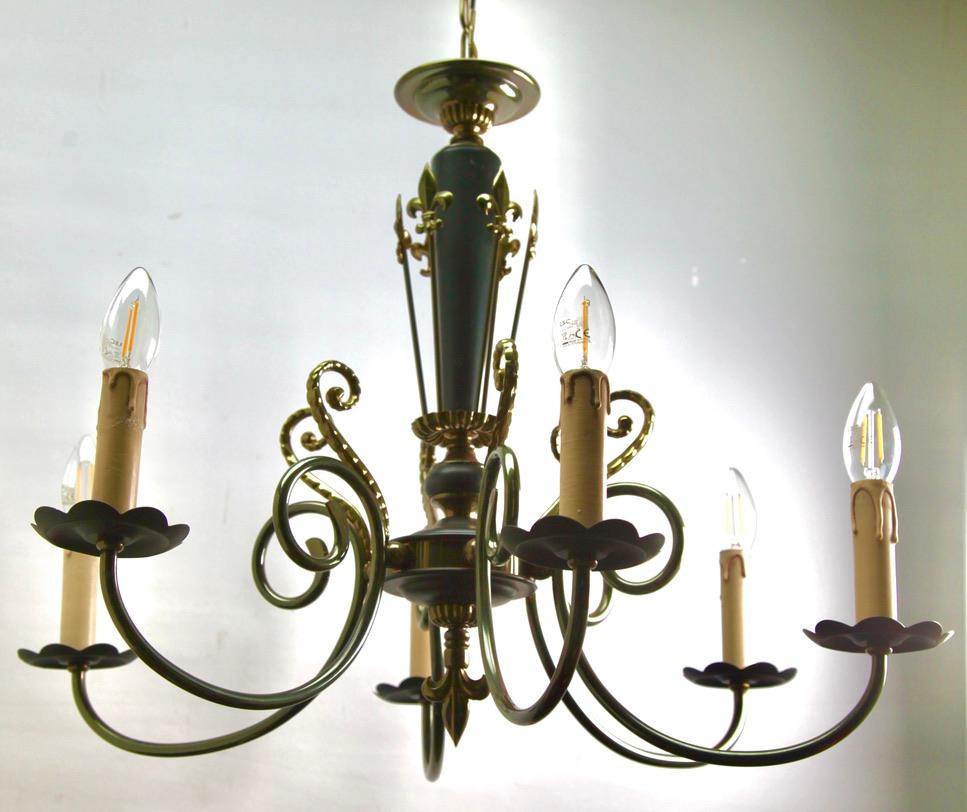 Vintage Chandelier Brass and Wood Decoratief Details Six Arms Belgium, 1950s In Good Condition For Sale In Verviers, BE