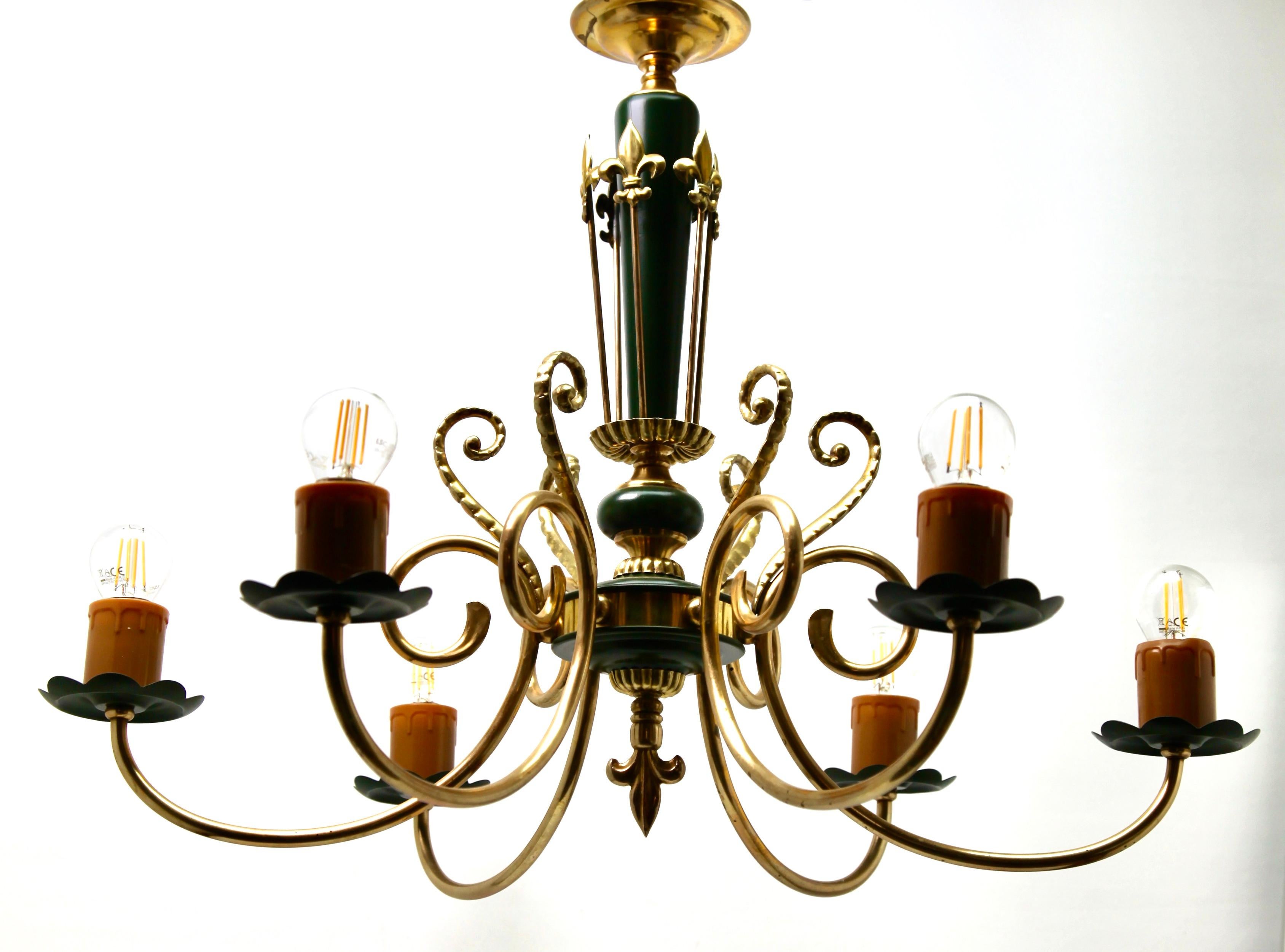 Mid-20th Century Vintage Chandelier Brass and Wood Decoratief Details Six Arms Belgium, 1950s
