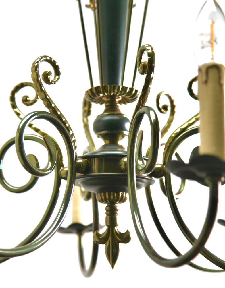 Mid-20th Century Vintage Chandelier Brass and Wood Decoratief Details Six Arms Belgium, 1950s For Sale