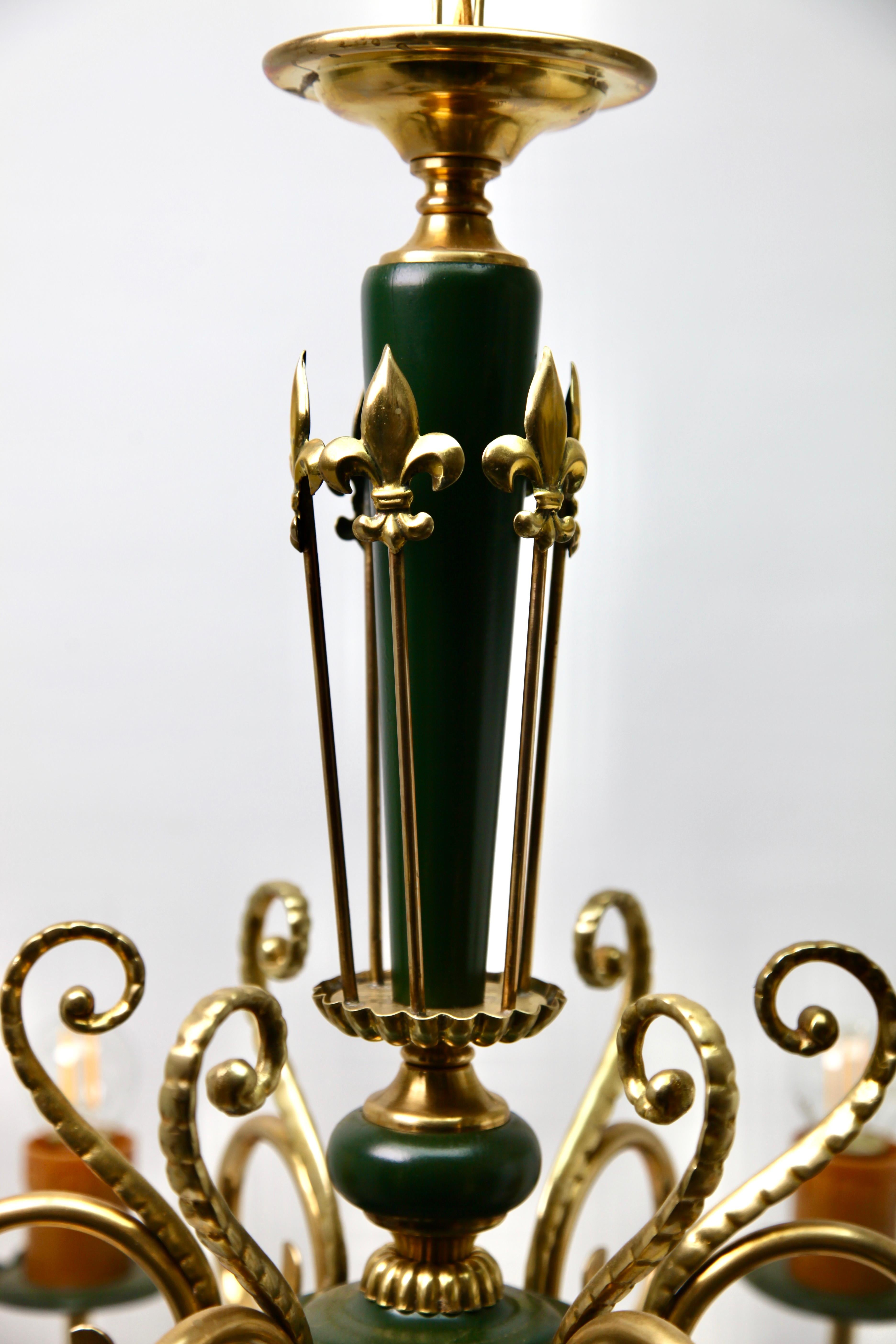 Vintage Chandelier Brass and Wood Decoratief Details Six Arms Belgium, 1950s 1
