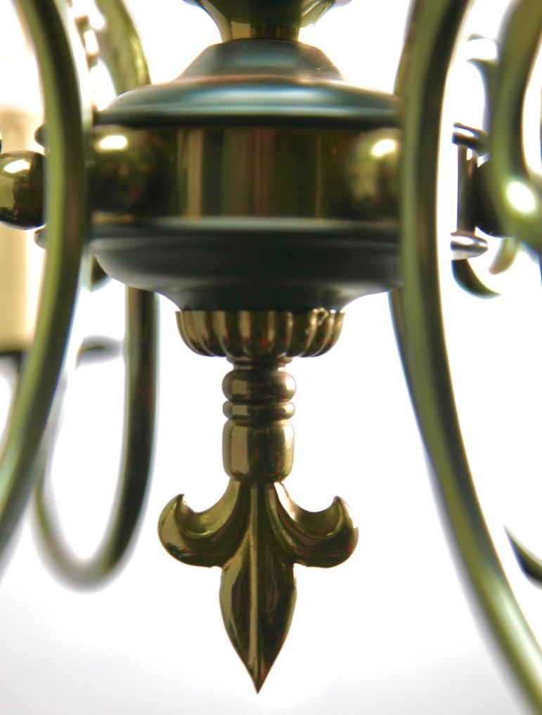 Vintage Chandelier Brass and Wood Decoratief Details Six Arms Belgium, 1950s For Sale 1