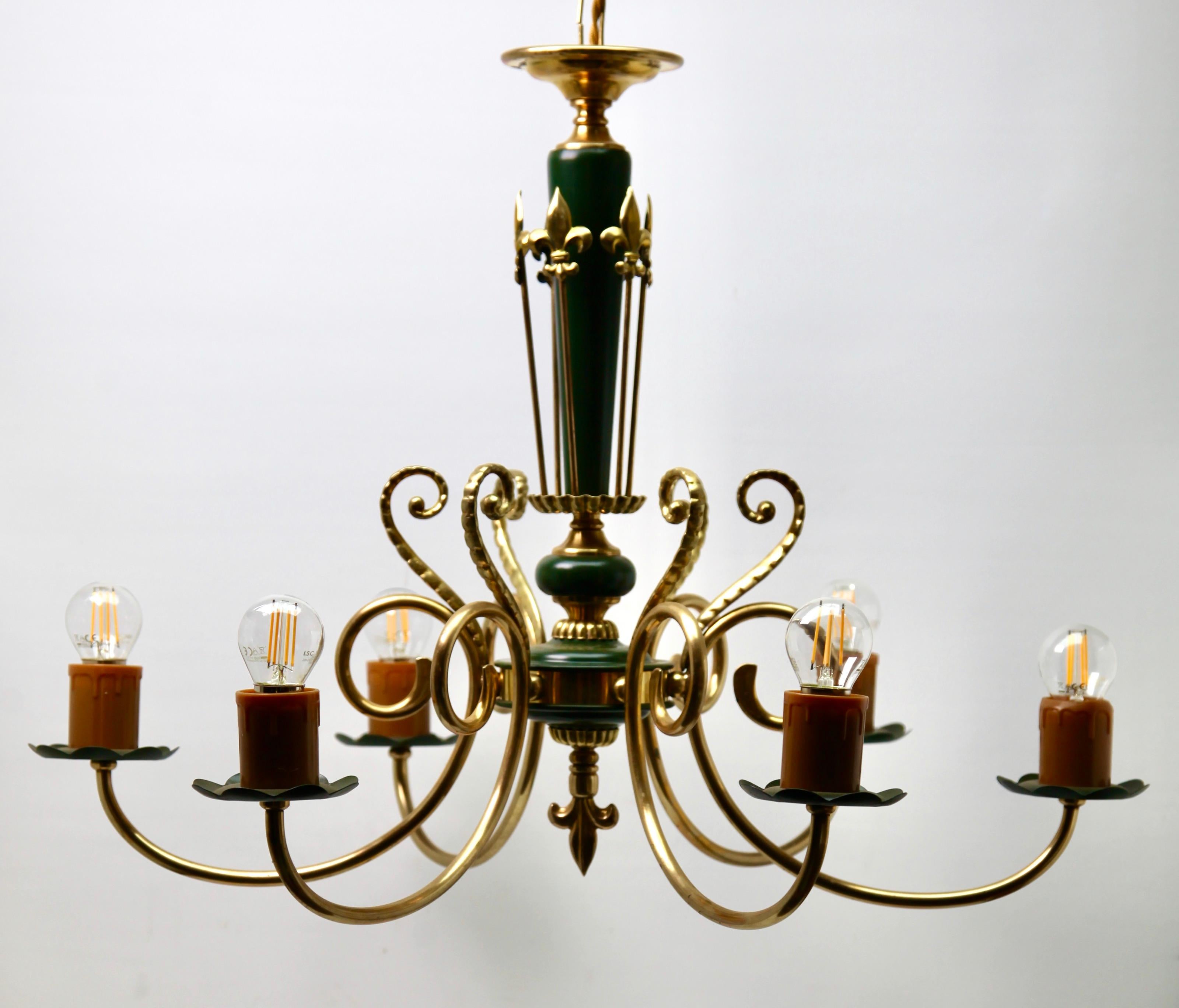 Vintage Chandelier Brass and Wood Decoratief Details Six Arms Belgium, 1950s 2
