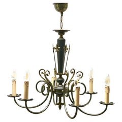 Vintage Chandelier Brass and Wood Decoratief Details Six Arms Belgium, 1950s