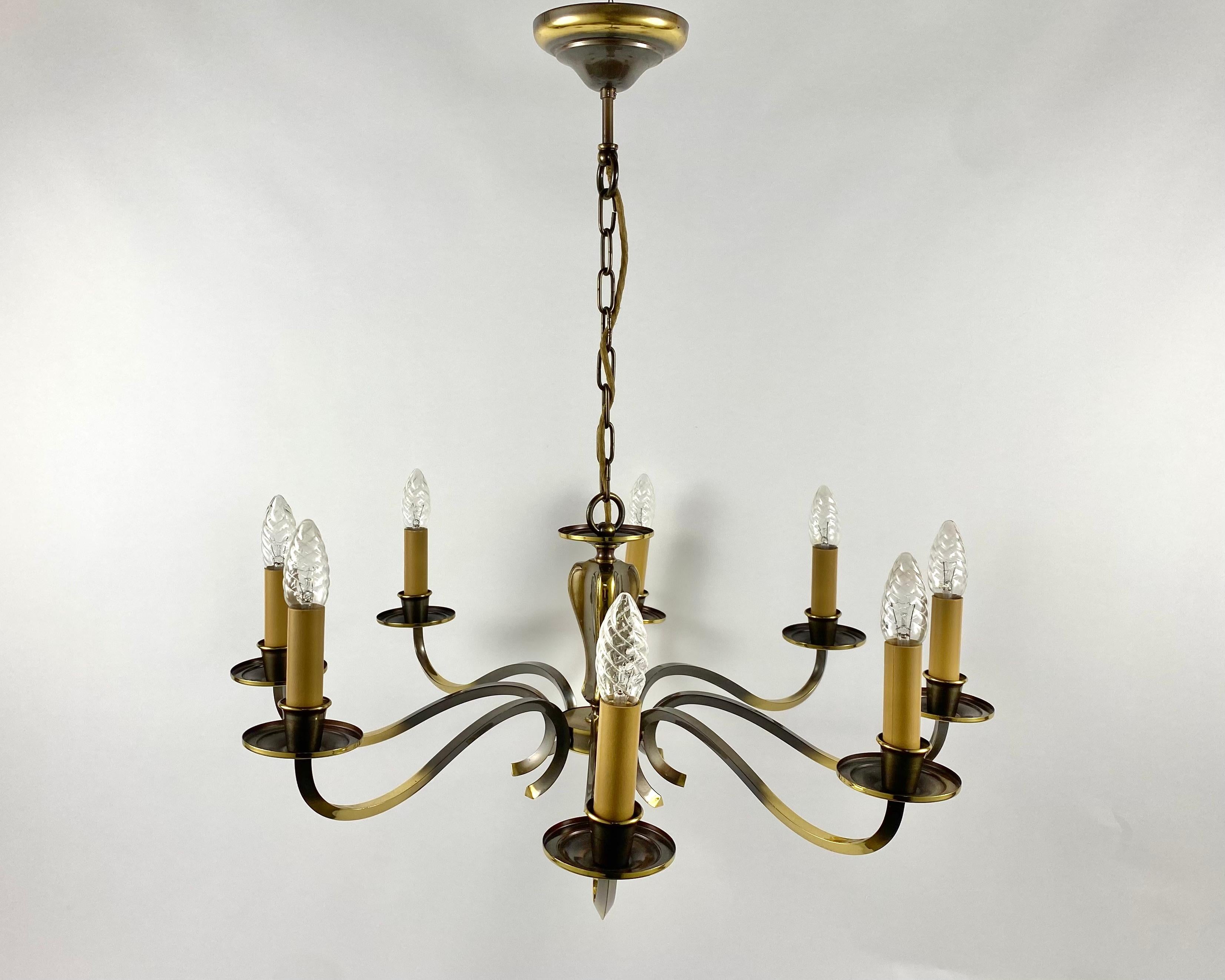 Belgian Vintage Chandelier Brass With Lampshades, Deknudt, Belgium, 1970s For Sale