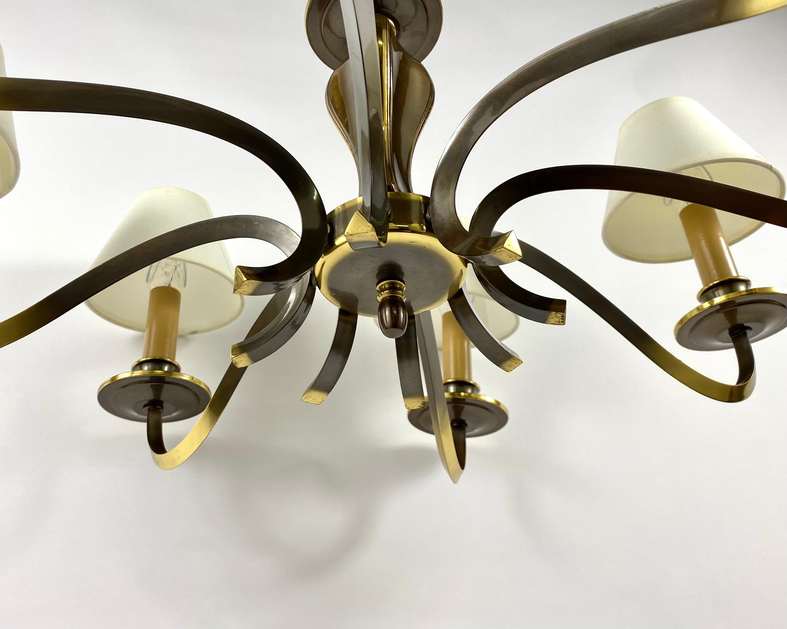 Late 20th Century Vintage Chandelier Brass With Lampshades, Deknudt, Belgium, 1970s For Sale