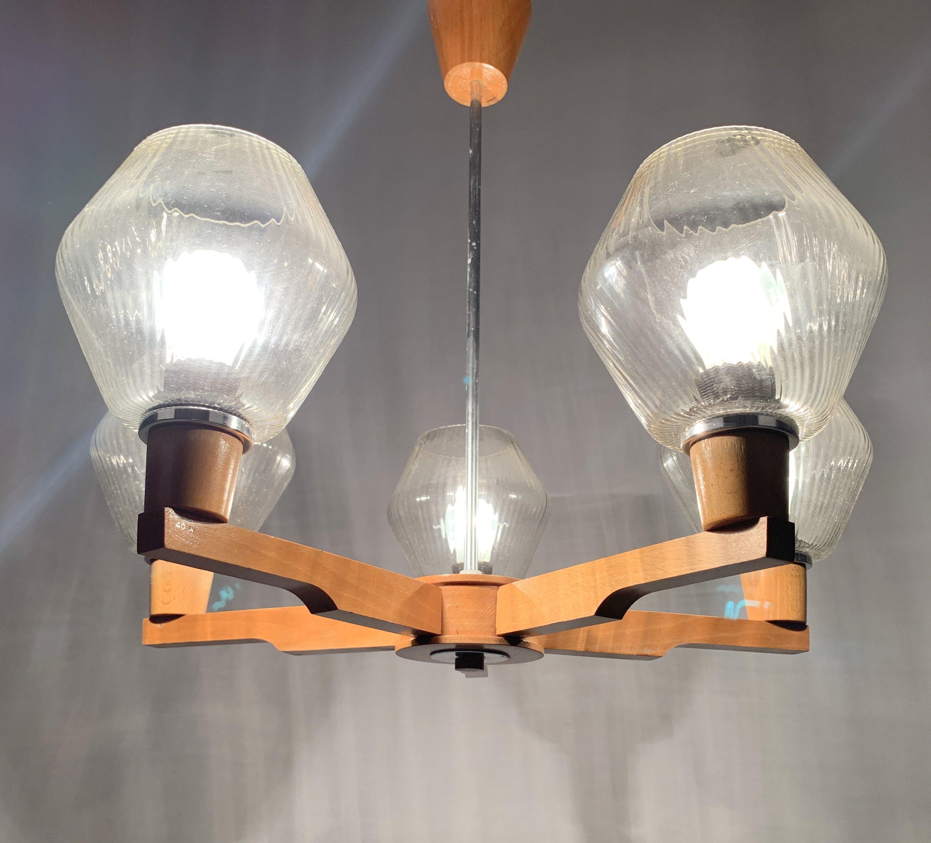 Mid-Century Modern Vintage Chandelier from Drevo Humpolec, Czechoslovakia, 1970s For Sale