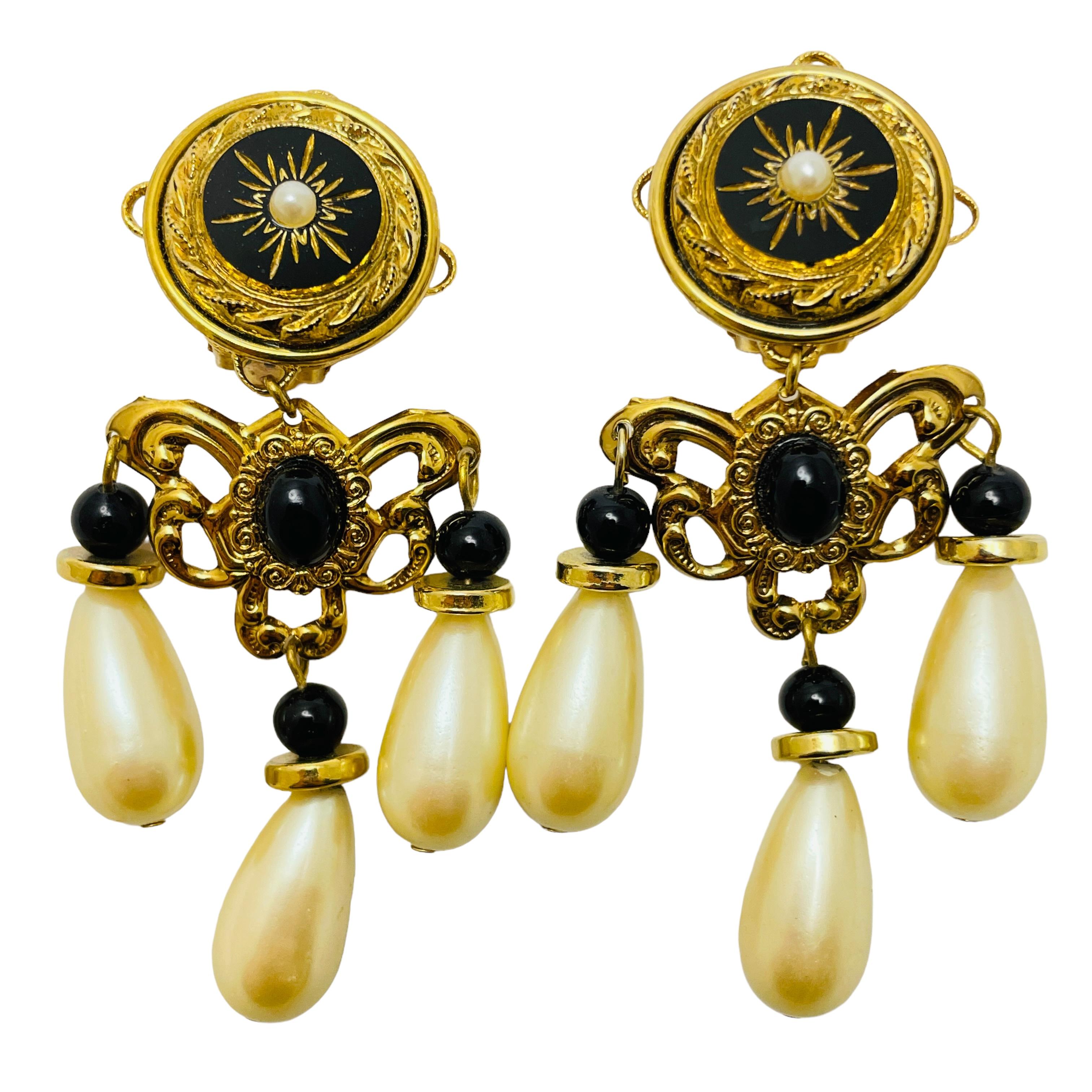 Vintage chandelier gold pearl long designer runway clip on earrings For Sale