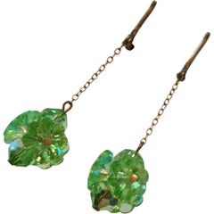 Vintage Chandelier Green Crystal Dangle Clip-On Earrings, Unsigned