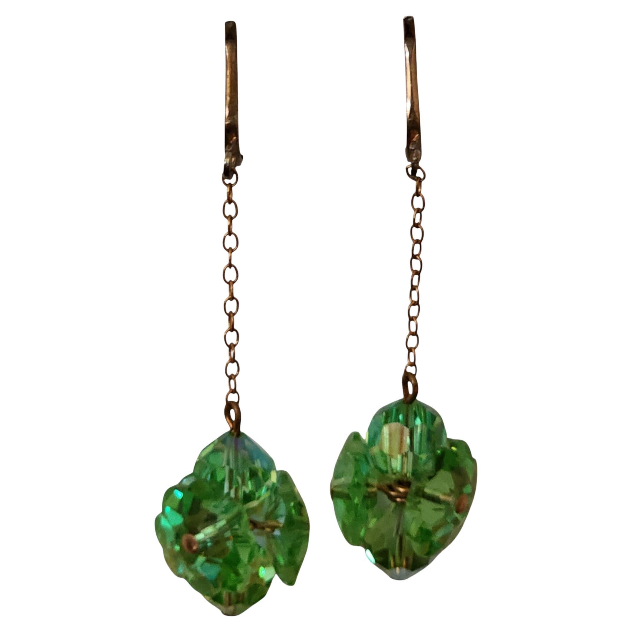 Vintage Chandelier Green Crystal Dangle Clip-On Earrings, Unsigned