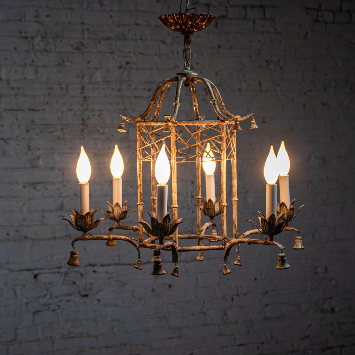 Vintage Chandelier Hollywood Regency Chinoiserie Antiqued Finish Faux Bamboo For Sale 2
