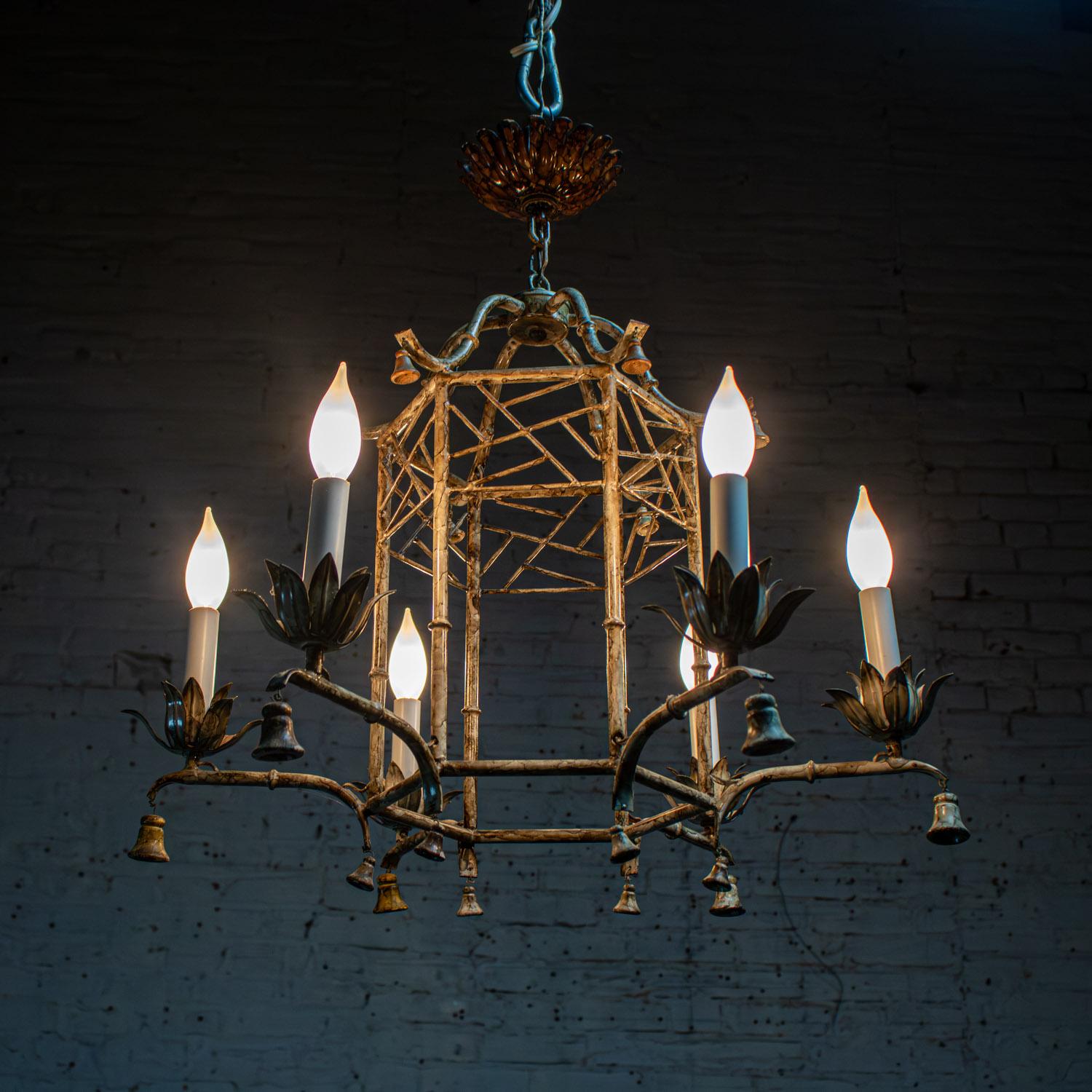 Vintage Chandelier Hollywood Regency Chinoiserie Antiqued Finish Faux Bamboo For Sale 3