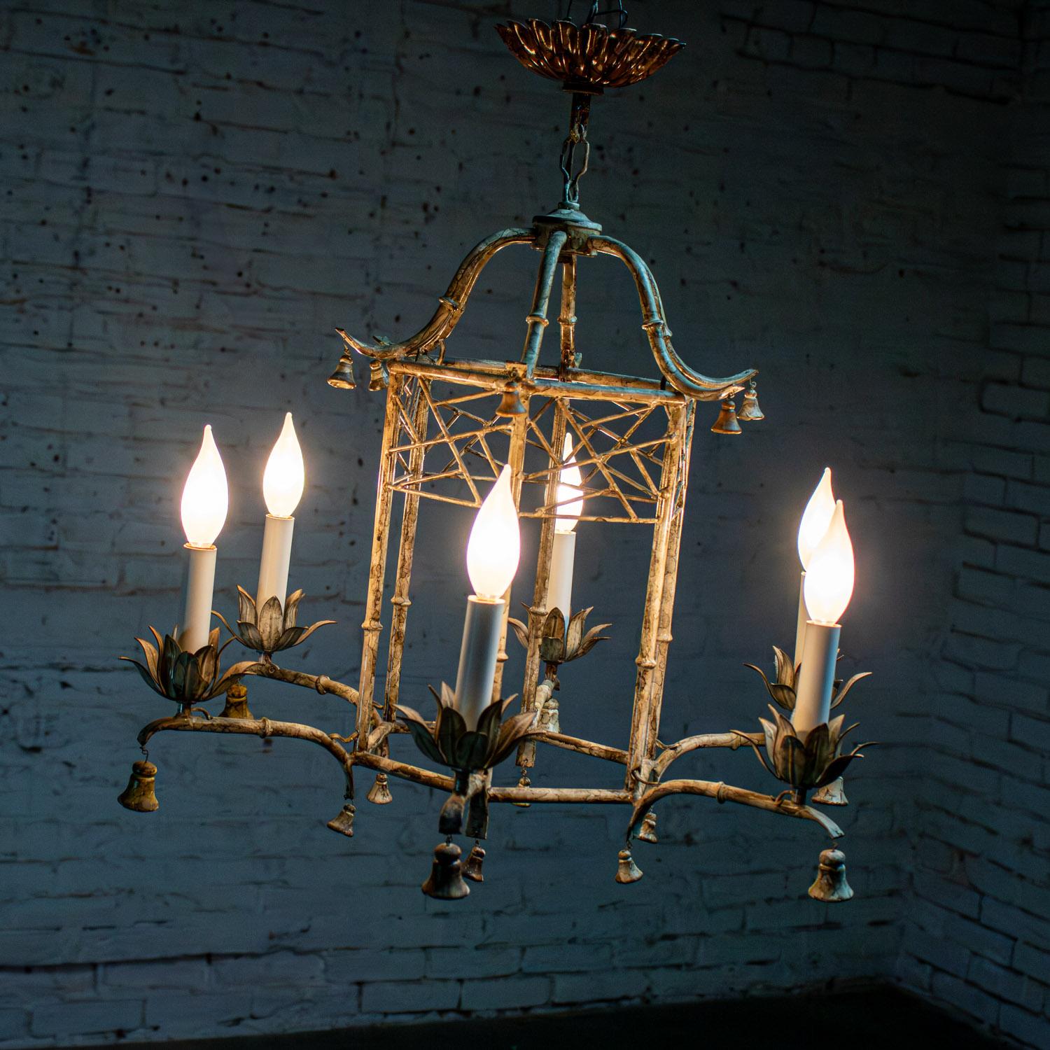Vintage Chandelier Hollywood Regency Chinoiserie Antiqued Finish Faux Bamboo For Sale 5