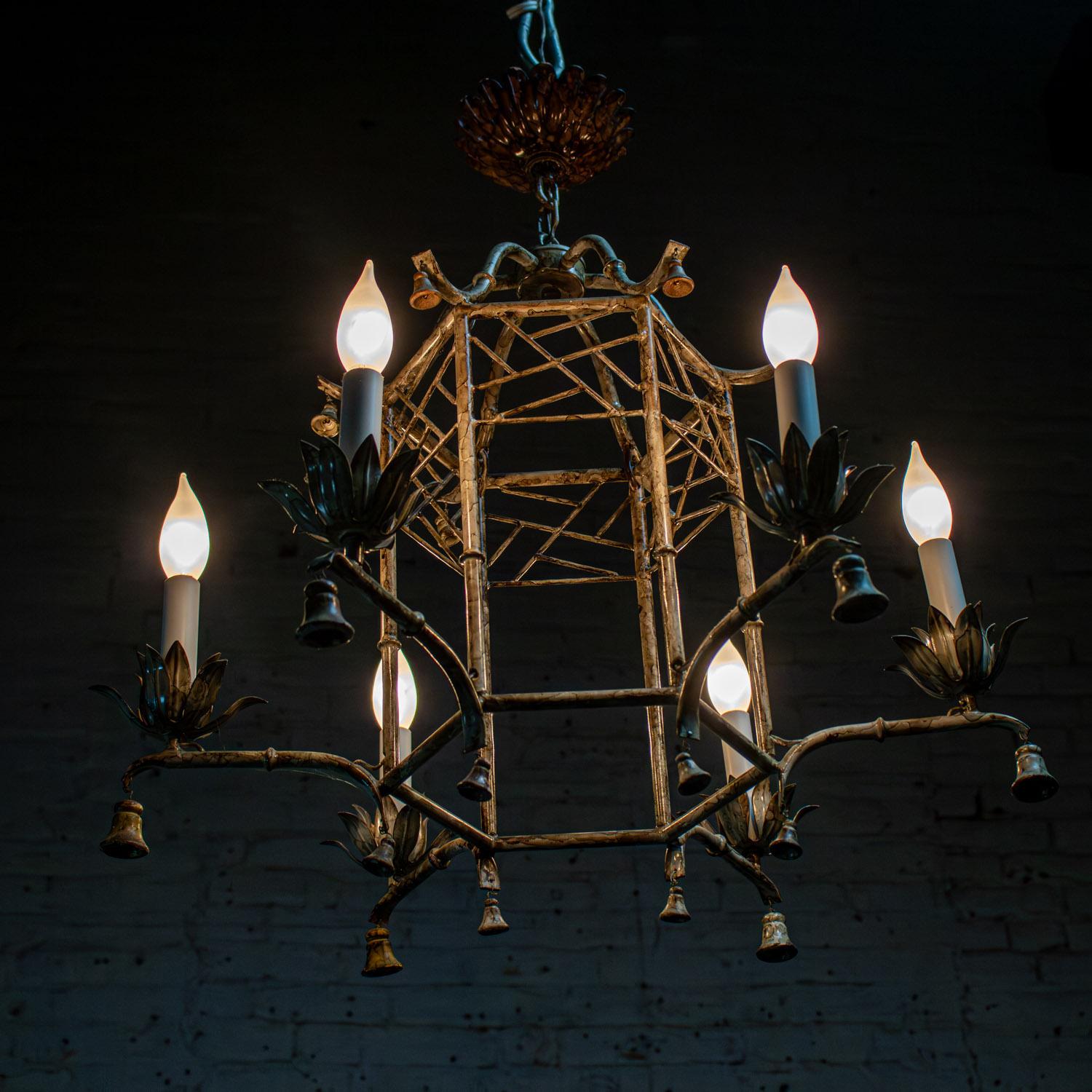 Vintage Chandelier Hollywood Regency Chinoiserie Antiqued Finish Faux Bamboo For Sale 6