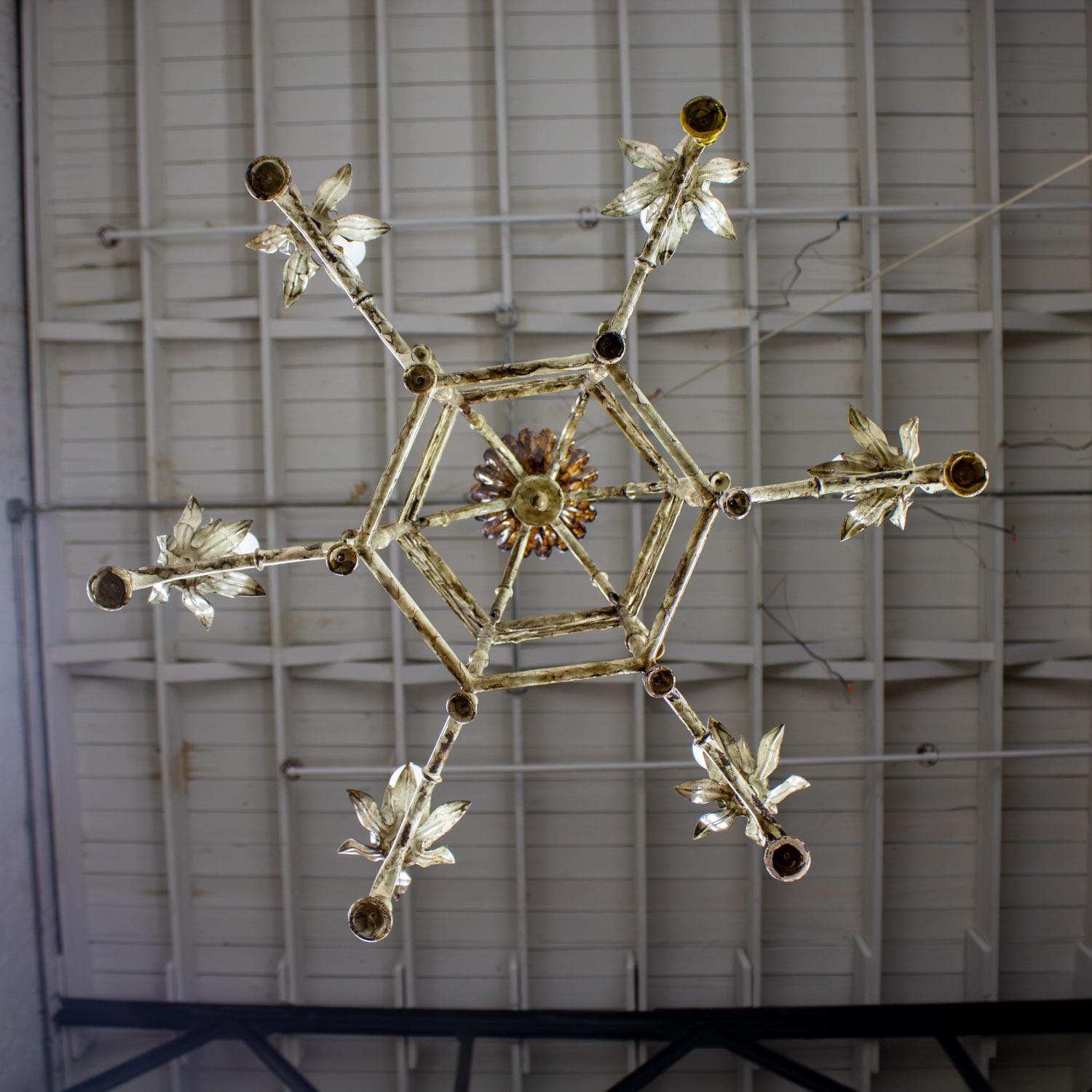 Vintage Chandelier Hollywood Regency Chinoiserie Antiqued Finish Faux Bamboo For Sale 7