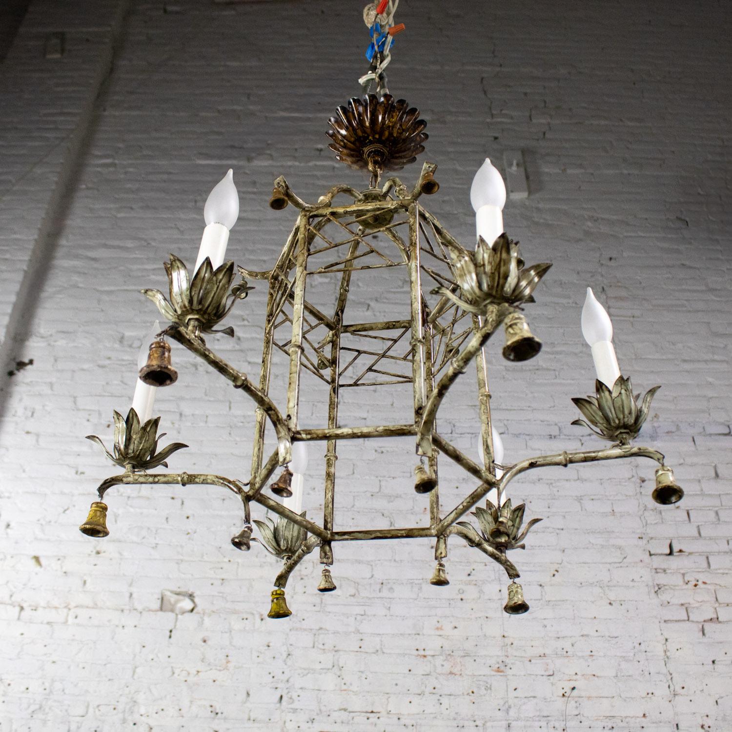 Vintage Chandelier Hollywood Regency Chinoiserie Antiqued Finish Faux Bamboo For Sale 8