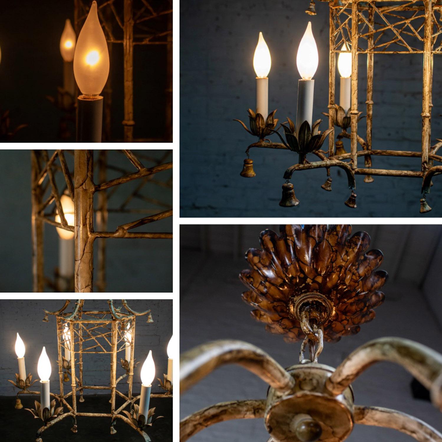 Vintage Chandelier Hollywood Regency Chinoiserie Antiqued Finish Faux Bamboo For Sale 9