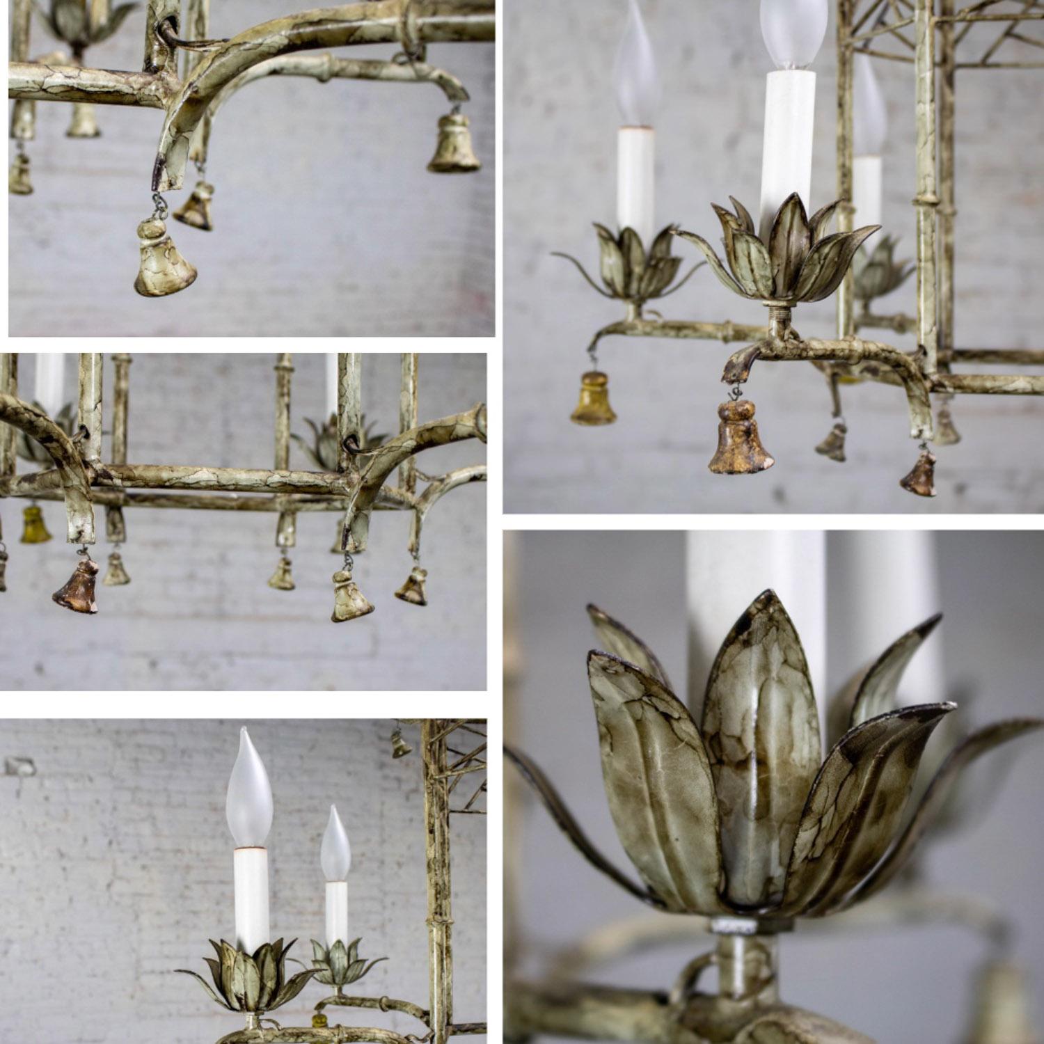 Vintage Chandelier Hollywood Regency Chinoiserie Antiqued Finish Faux Bamboo For Sale 11