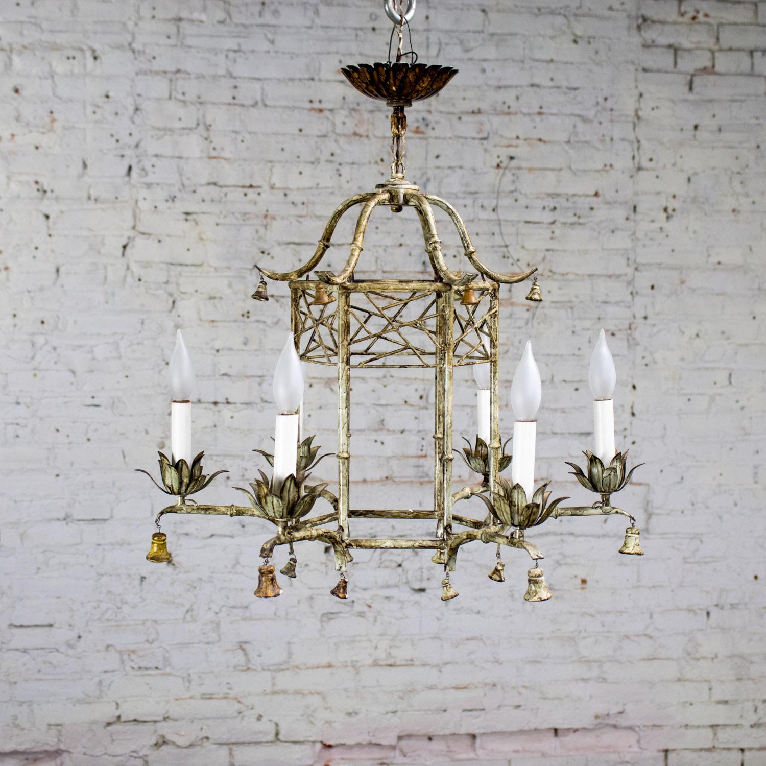 Mid-Century Modern Vintage Chandelier Hollywood Regency Chinoiserie Antiqued Finish Faux Bamboo For Sale