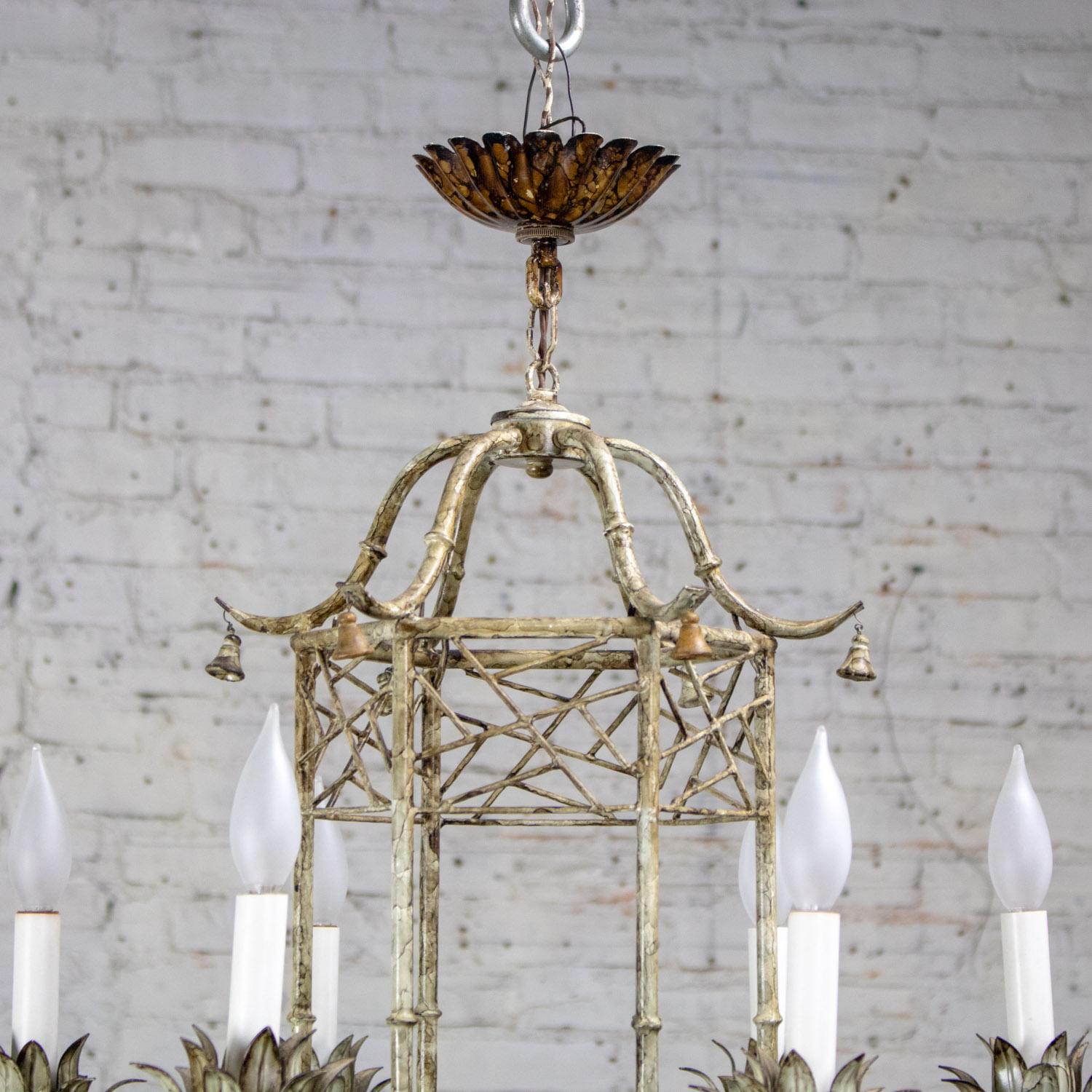Unknown Vintage Chandelier Hollywood Regency Chinoiserie Antiqued Finish Faux Bamboo For Sale