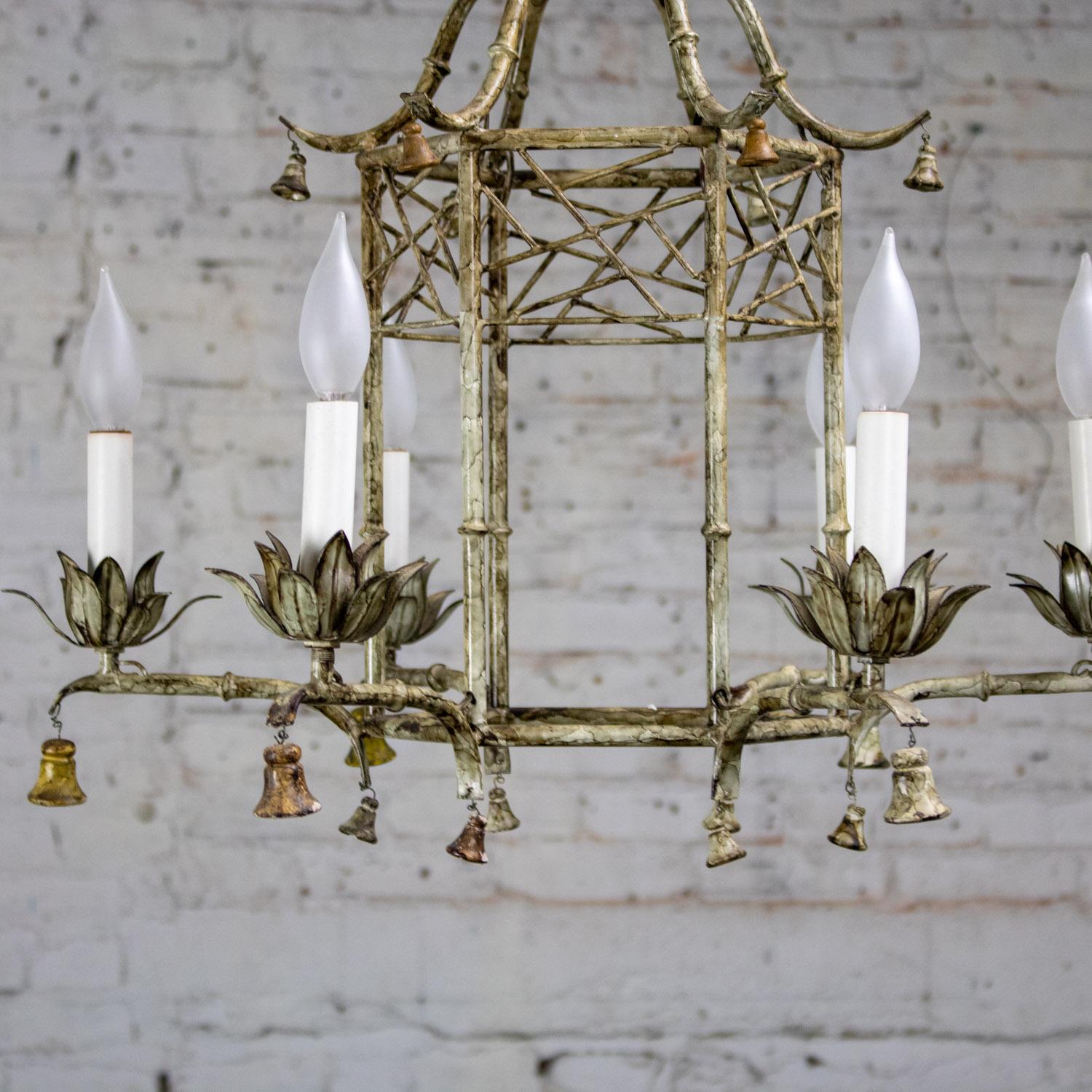 Painted Vintage Chandelier Hollywood Regency Chinoiserie Antiqued Finish Faux Bamboo For Sale