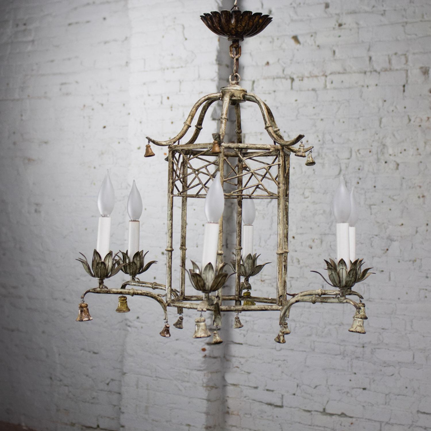 Metal Vintage Chandelier Hollywood Regency Chinoiserie Antiqued Finish Faux Bamboo For Sale