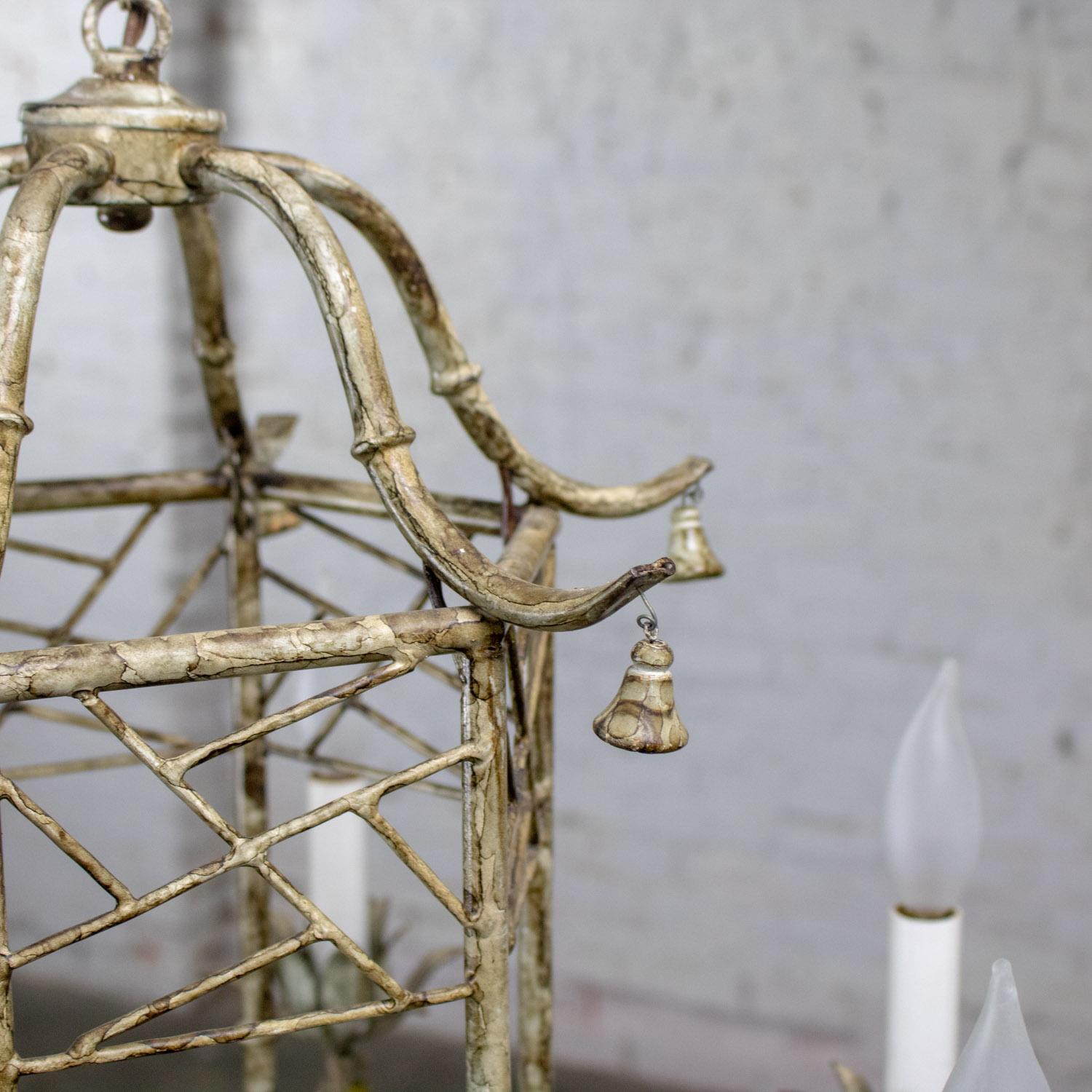 Vintage Chandelier Hollywood Regency Chinoiserie Antiqued Finish Faux Bamboo For Sale 1