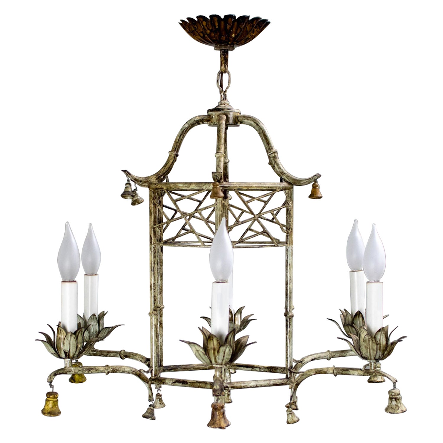 Vintage Chandelier Hollywood Regency Chinoiserie Antiqued Finish Faux Bamboo For Sale