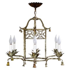 Vintage Chandelier Hollywood Regency Chinoiserie Antiqued Finish Faux Bamboo