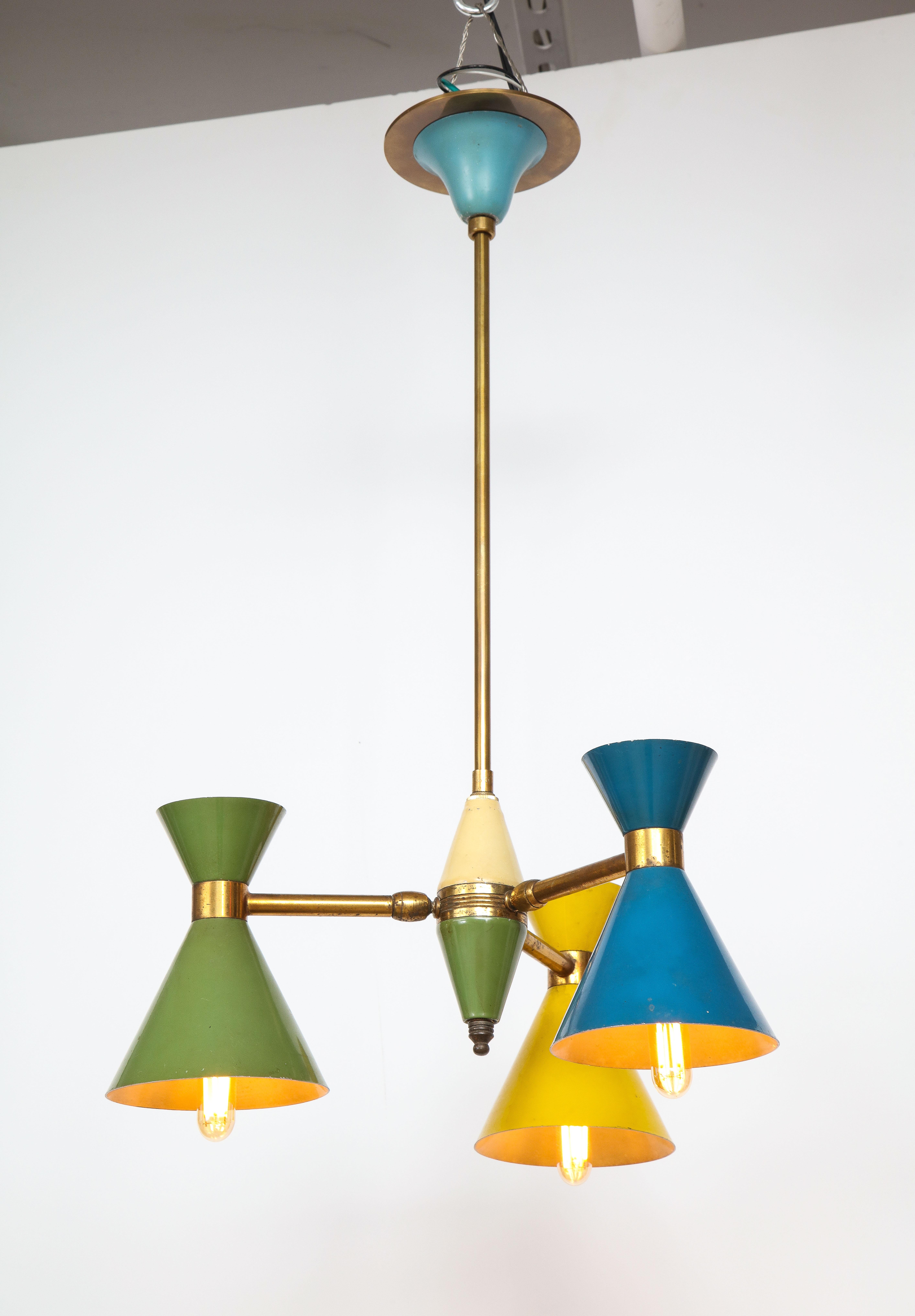 Vintage Chandelier in Brass and Blue, Green and Yellow Enamel, Italy, circa 1960 For Sale 4
