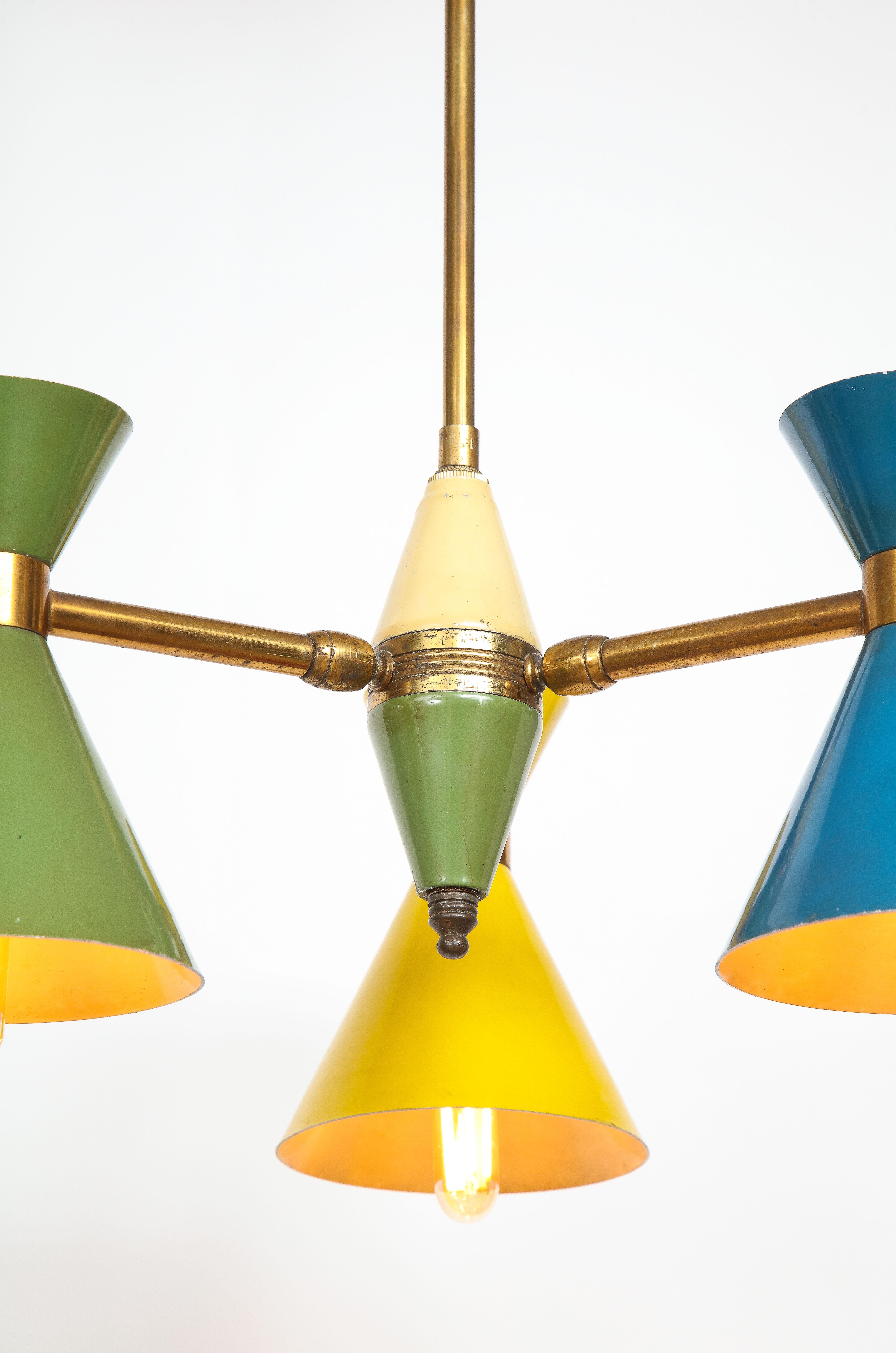 Vintage Chandelier in Brass and Blue, Green and Yellow Enamel, Italy, circa 1960 For Sale 5