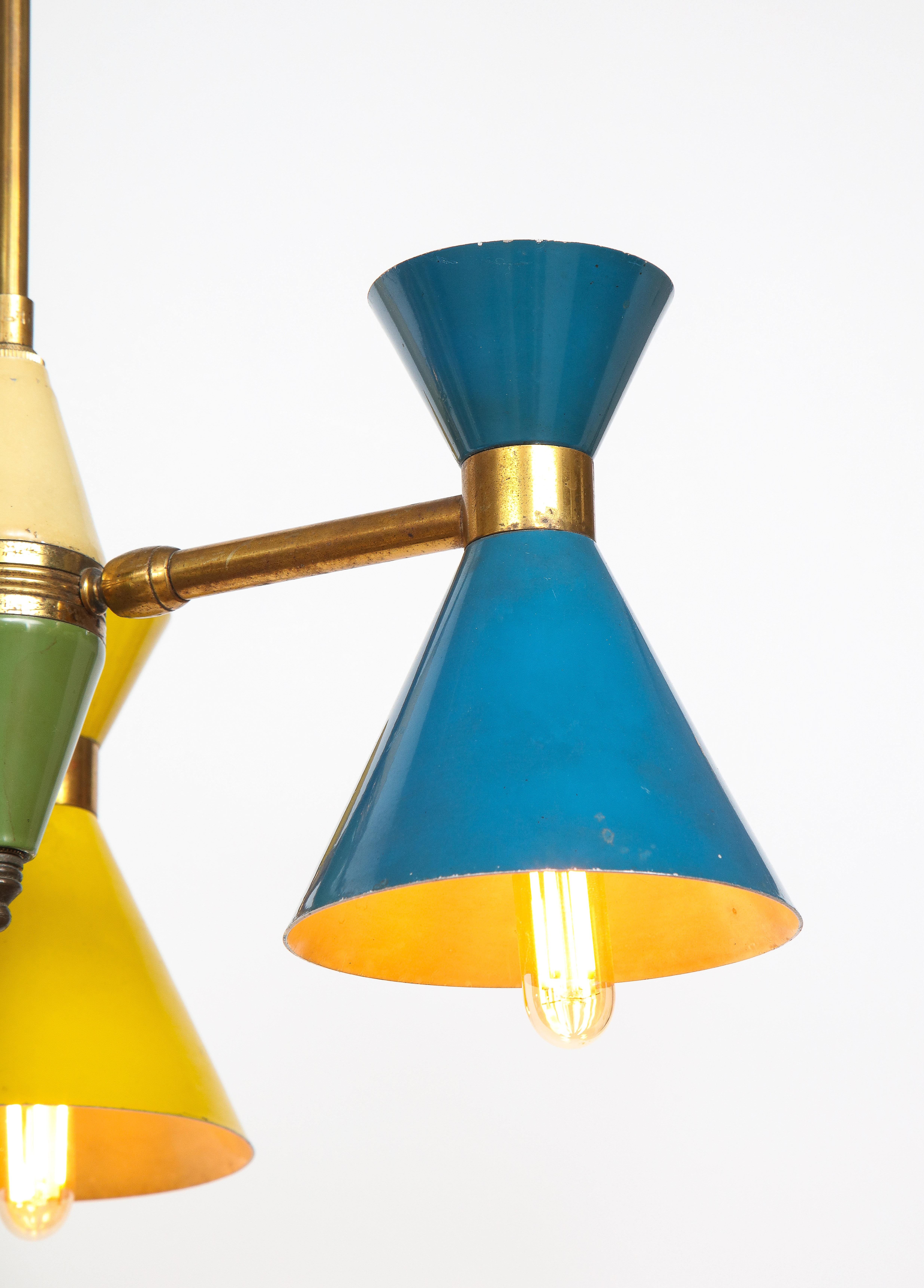 Vintage Chandelier in Brass and Blue, Green and Yellow Enamel, Italy, circa 1960 For Sale 8