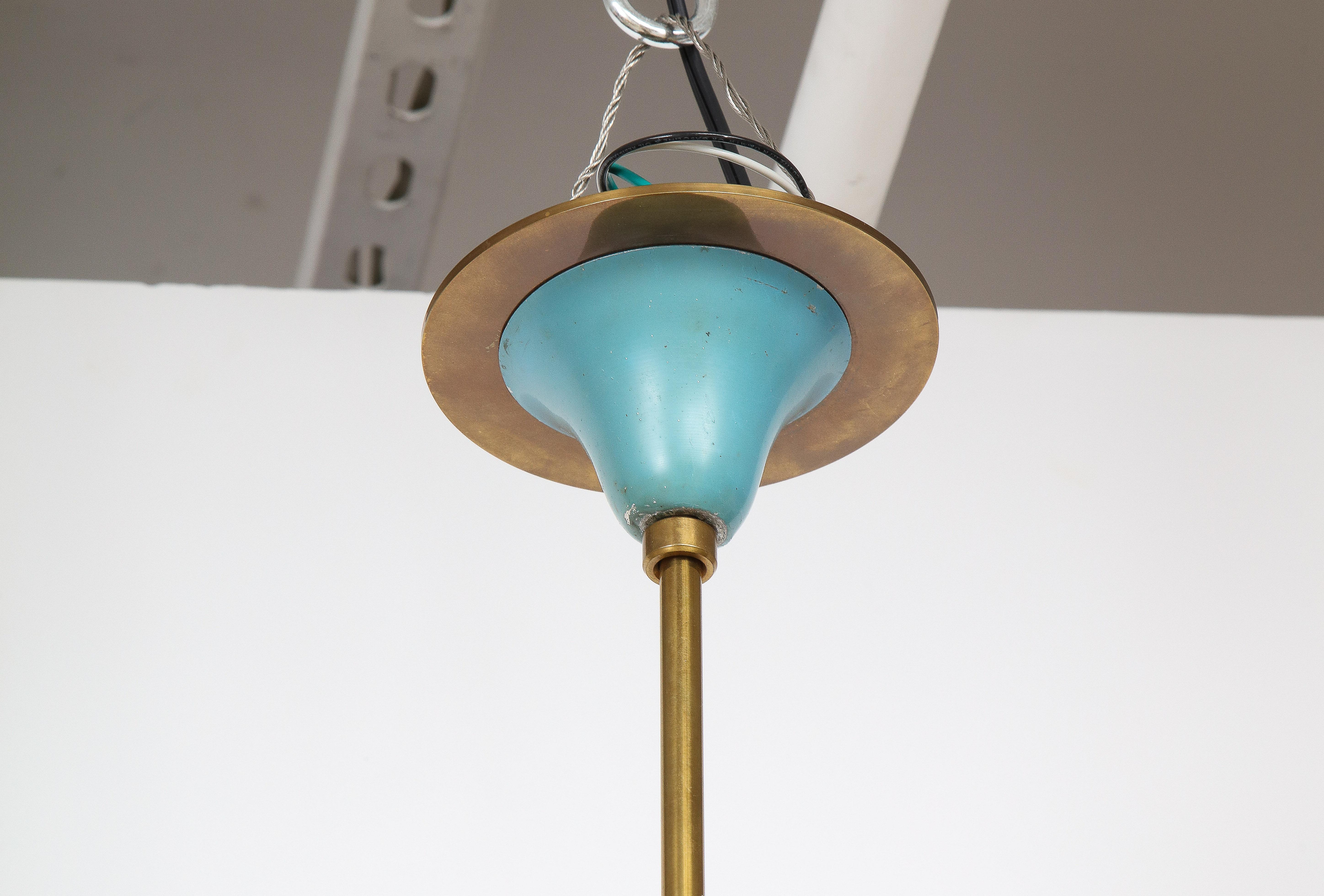 Vintage Chandelier in Brass and Blue, Green and Yellow Enamel, Italy, circa 1960 For Sale 9