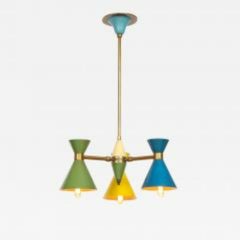 Vintage Brass Chandelier with Blue, Green and Yellow Enamel Shades, Italy