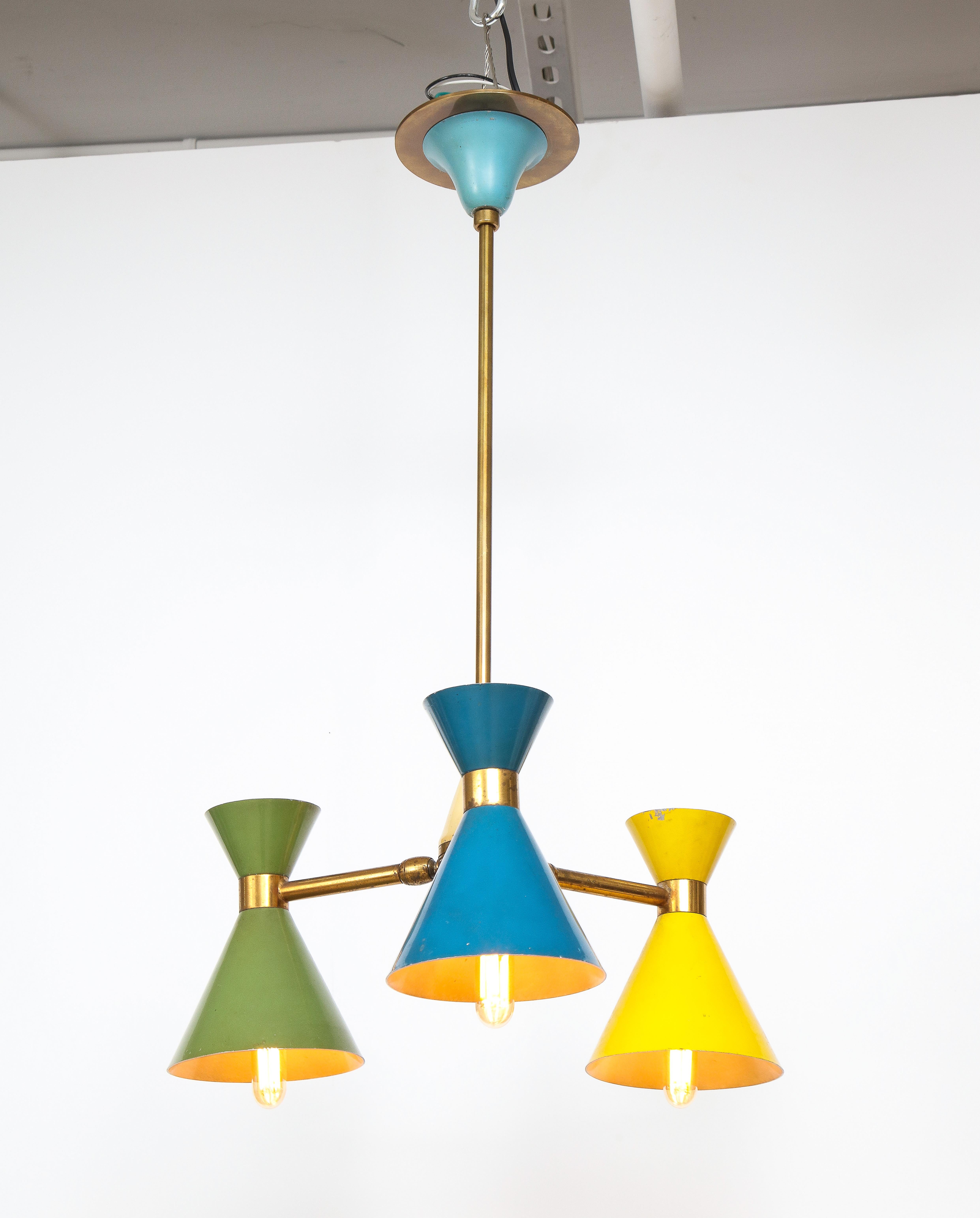Modern Vintage Chandelier in Brass and Blue, Green and Yellow Enamel, Italy, circa 1960 For Sale