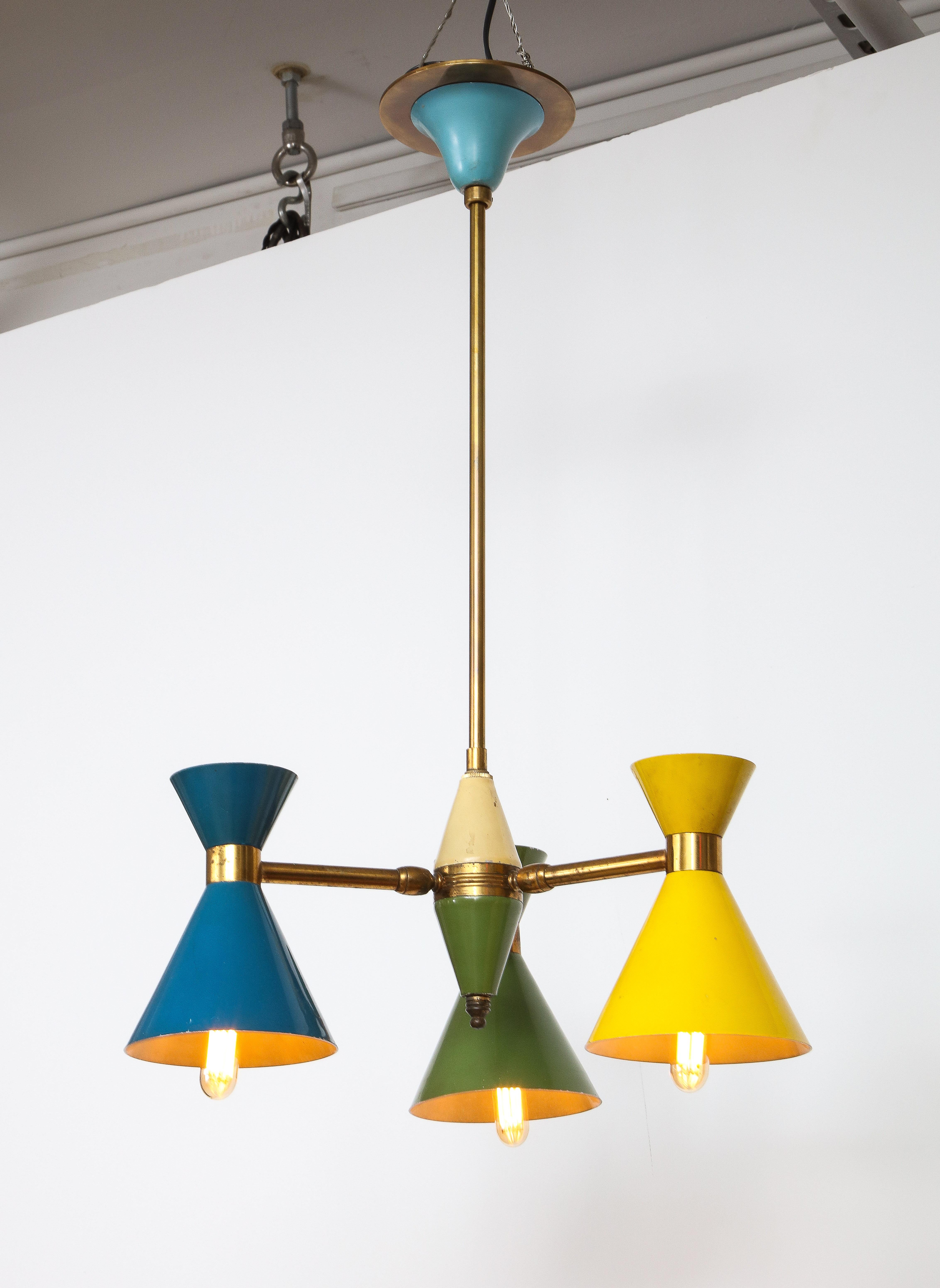 Italian Vintage Chandelier in Brass and Blue, Green and Yellow Enamel, Italy, circa 1960 For Sale