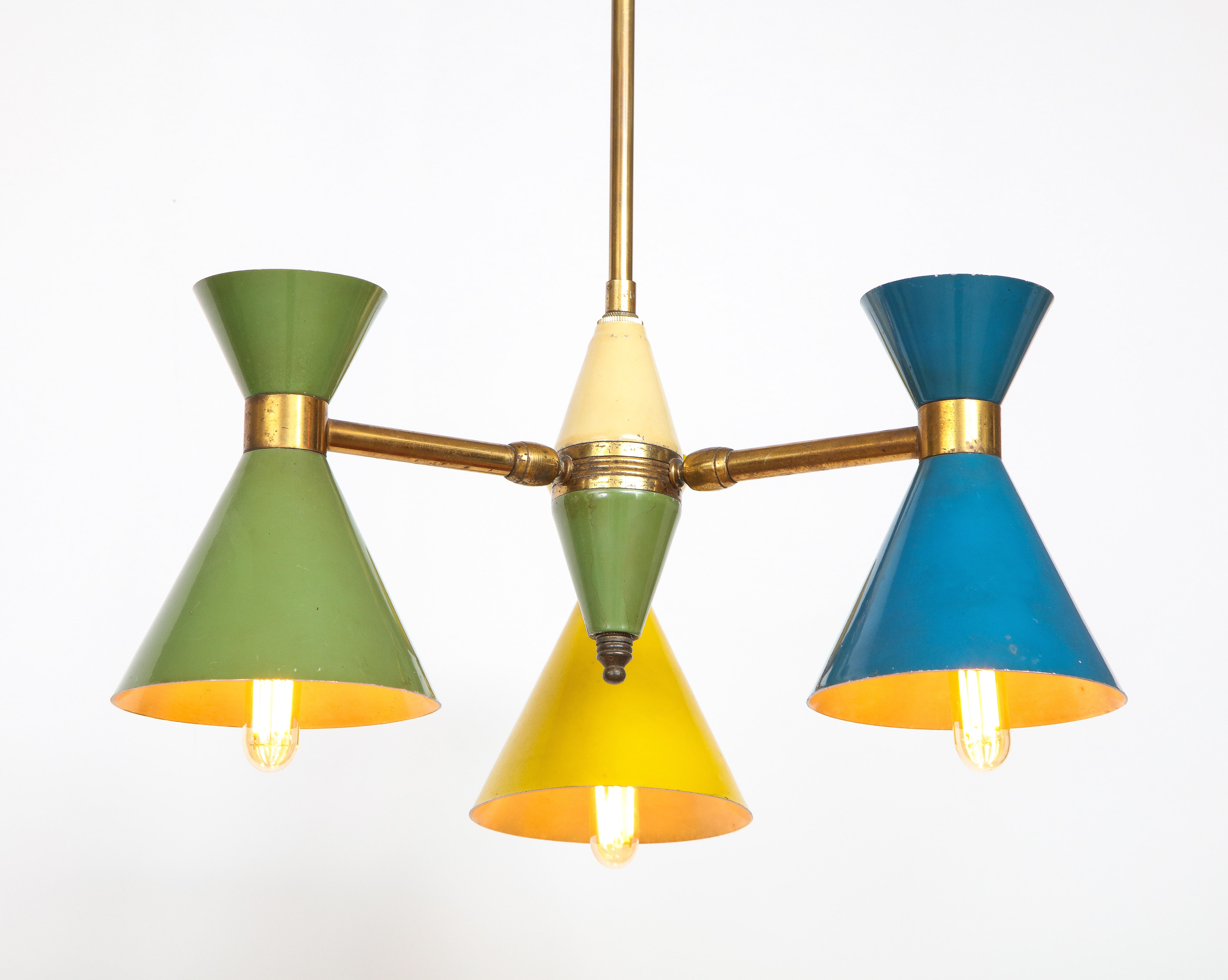 20th Century Vintage Chandelier in Brass and Blue, Green and Yellow Enamel, Italy, circa 1960 For Sale