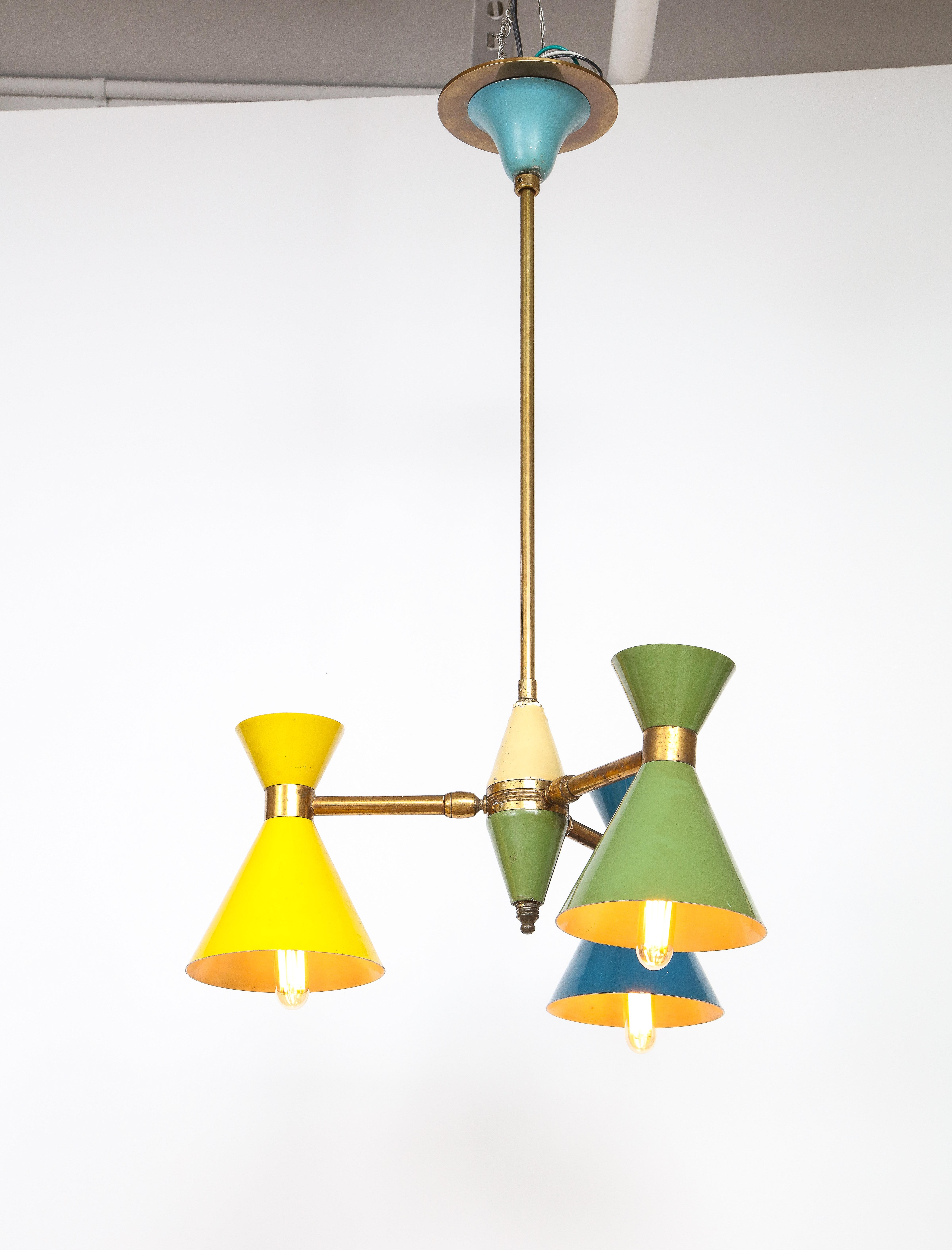 Vintage Chandelier in Brass and Blue, Green and Yellow Enamel, Italy, circa 1960 For Sale 1