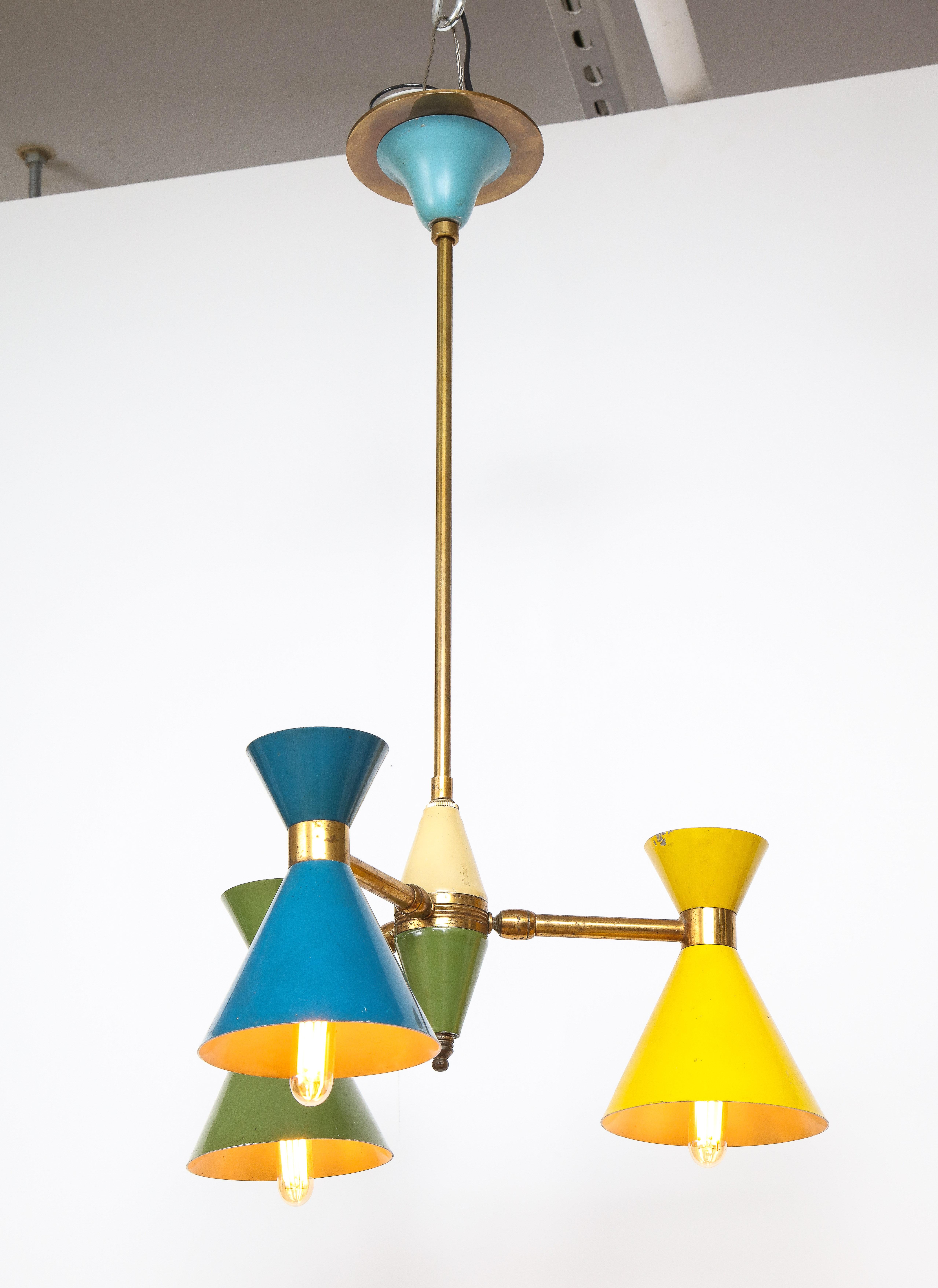 Vintage Chandelier in Brass and Blue, Green and Yellow Enamel, Italy, circa 1960 For Sale 2