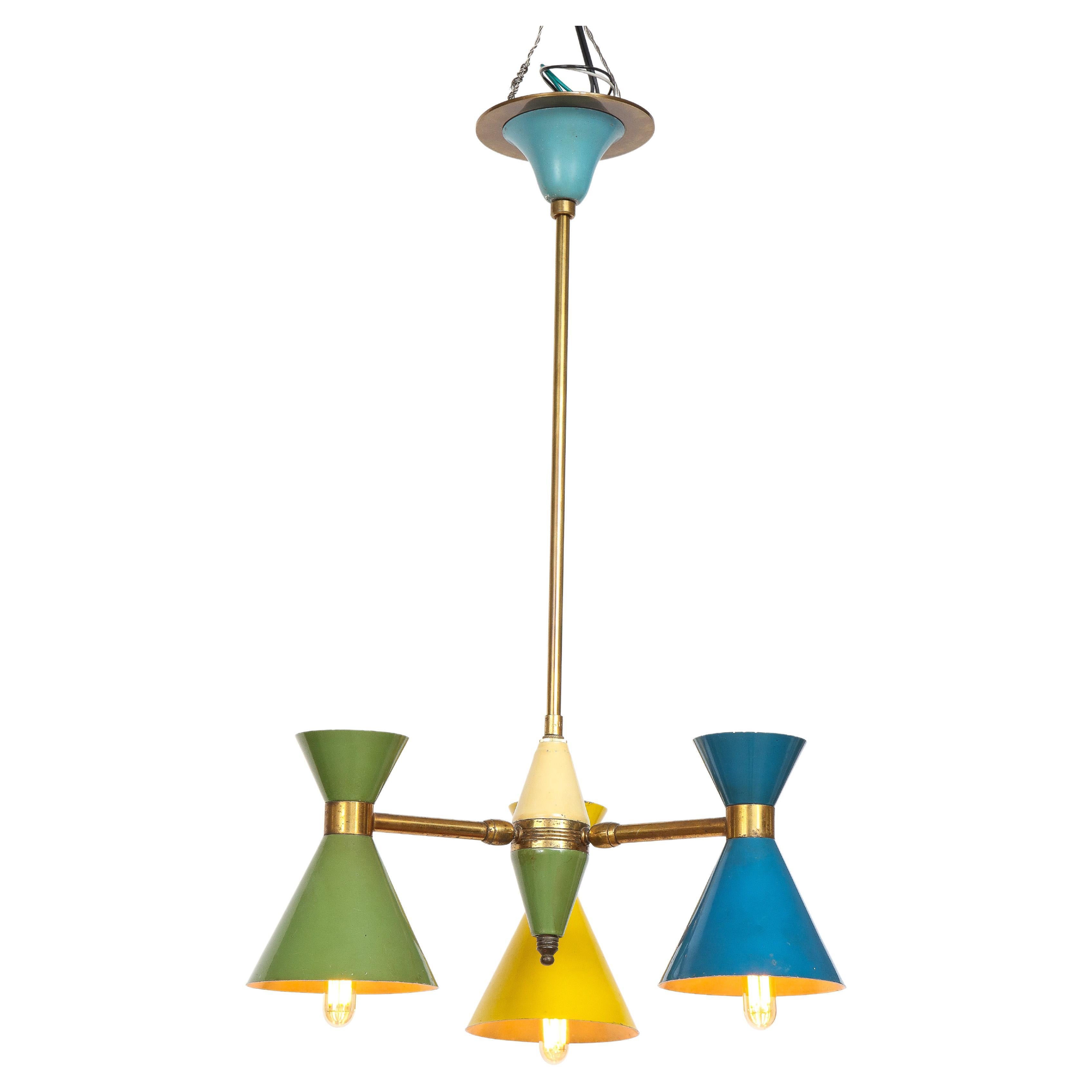 Vintage Chandelier in Brass and Blue, Green and Yellow Enamel, Italy, circa 1960 For Sale