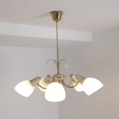 Vintage Chandelier in Brass, Beige & Glass, Valaisin Lindström, Finland 1950s