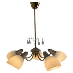 Vintage Chandelier in Brass, Beige & Glass, Valaisin Lindström, Finland 1950s