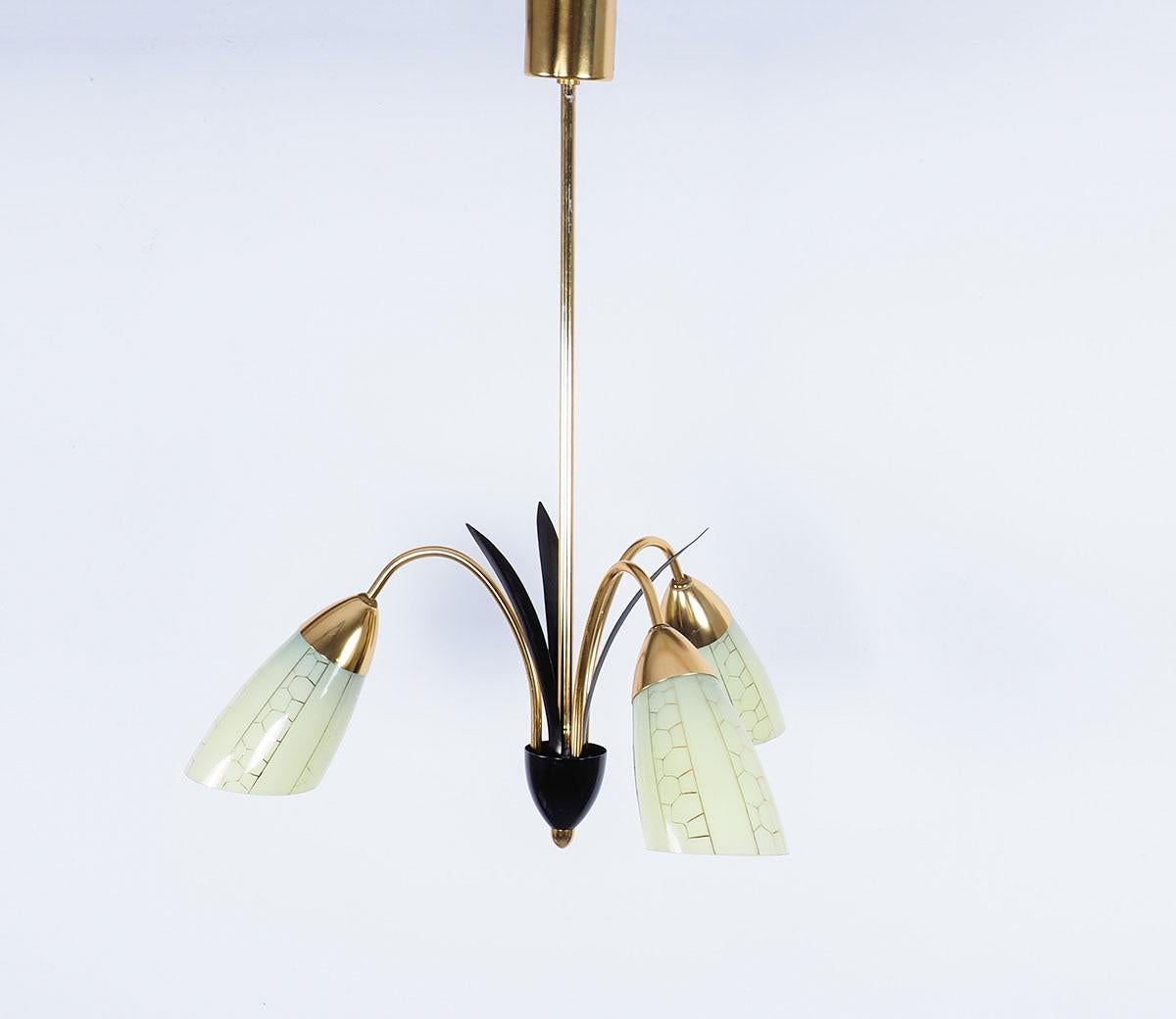 Mid-Century Modern Vintage Chandelier in Brass with Glass Shades, 1950s For Sale