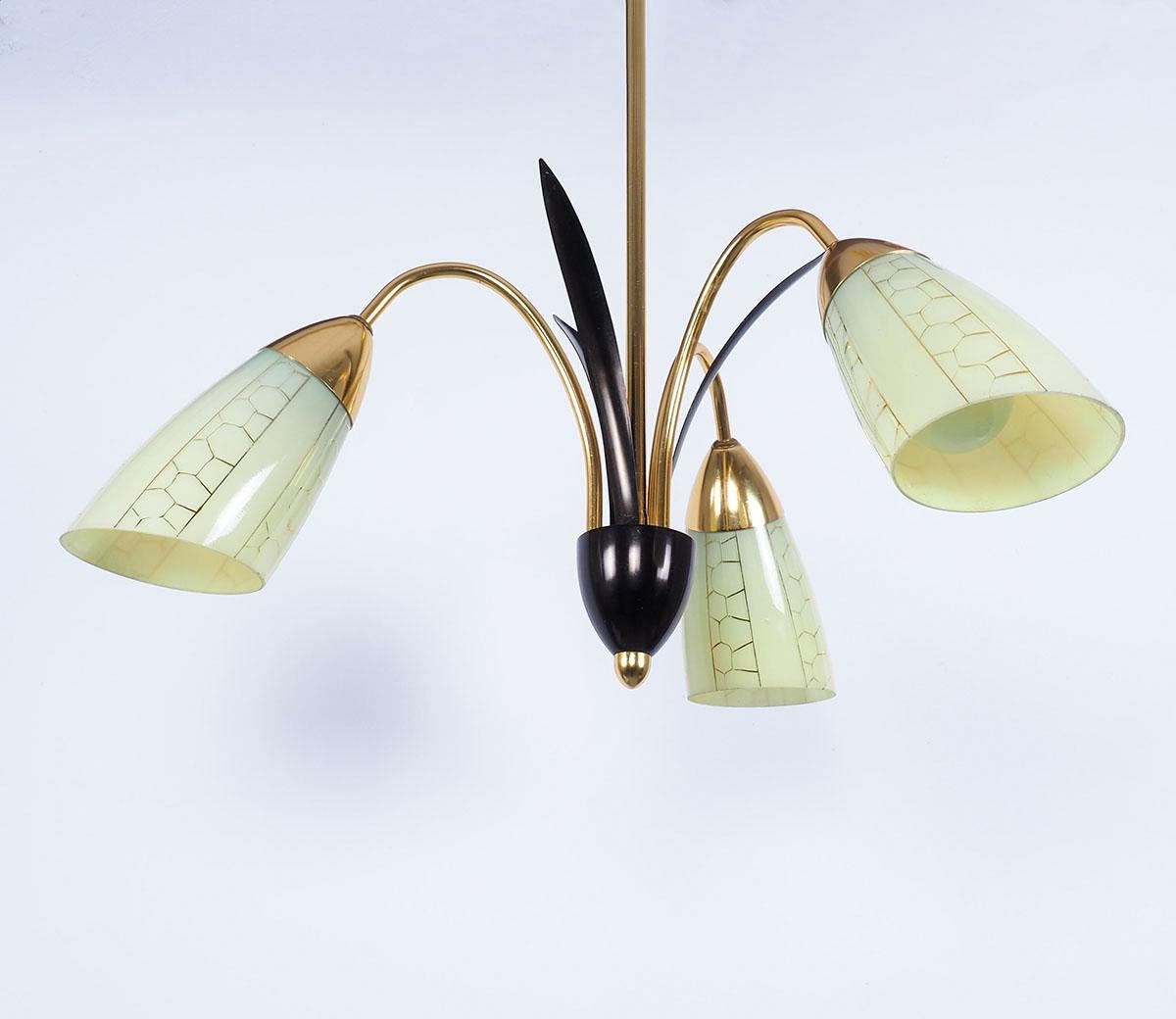 Mid-20th Century Vintage Chandelier in Brass with Glass Shades, 1950s For Sale