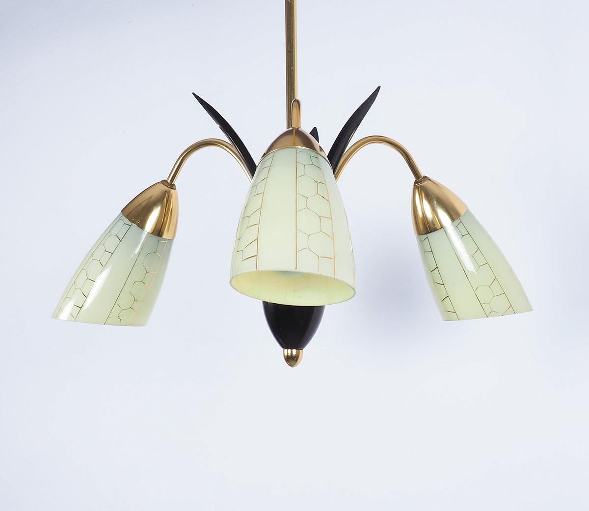 Vintage Chandelier in Brass with Glass Shades, 1950s For Sale 2