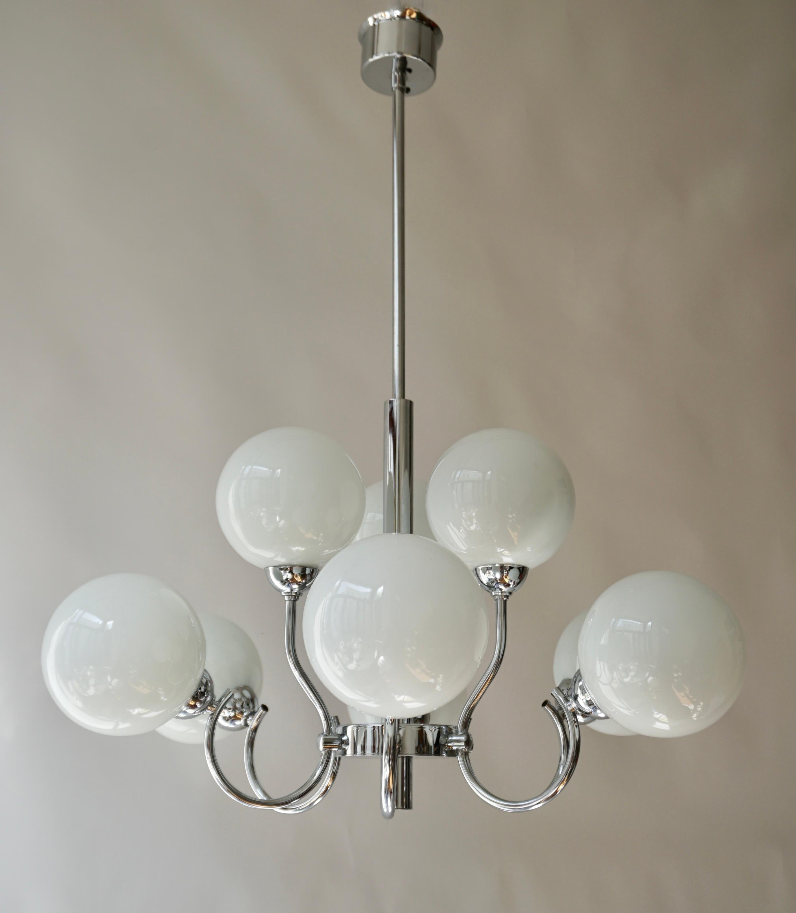 Mid-Century Modern Vintage Chandelier in Chrome and Opaline Glass For Sale