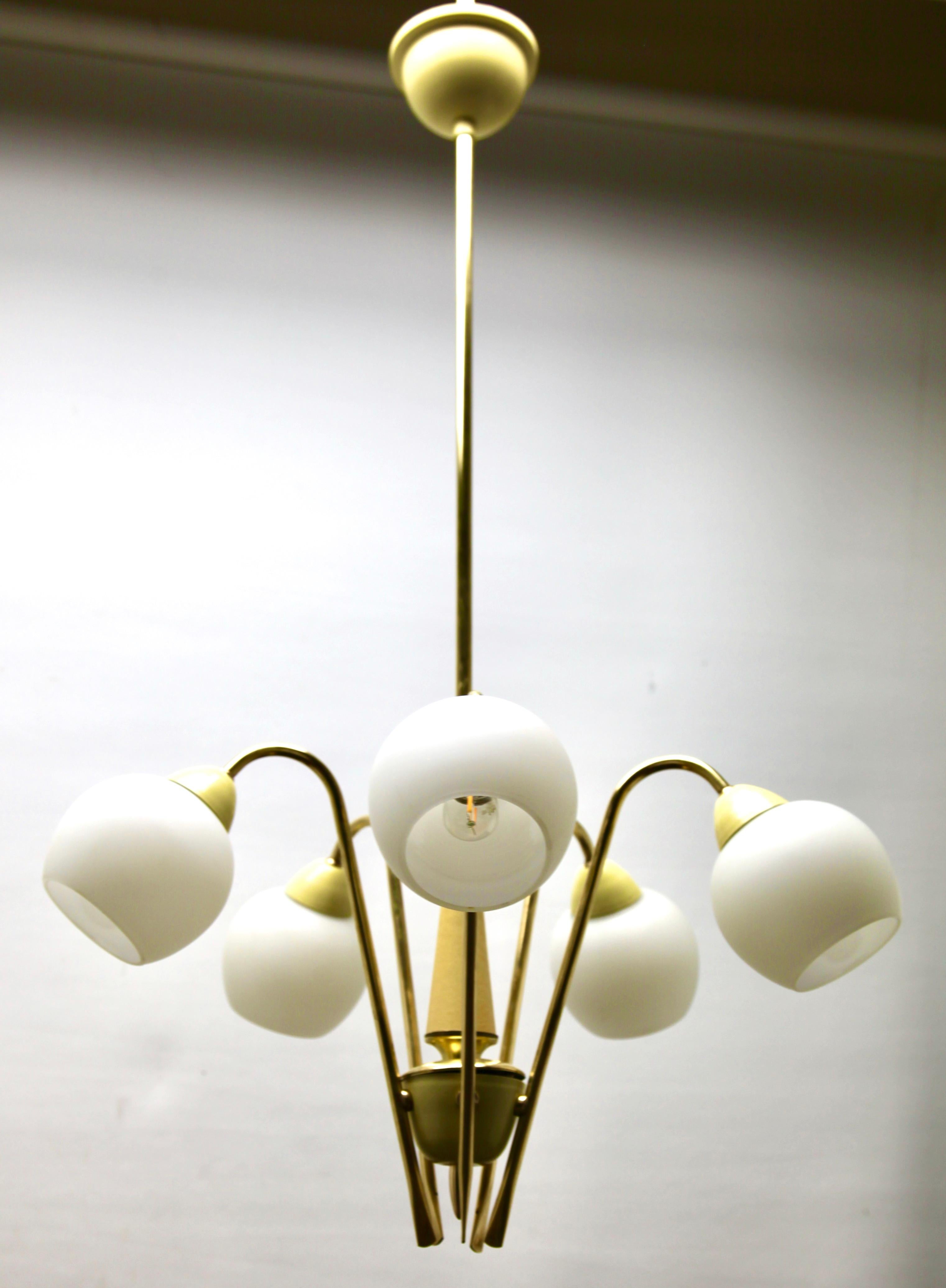 Five arms chandelier style of Stilnovo.
Photography fails to capture the simple elegant illumination provided by this lamp.

Recently cleaned and polished so that it in excellent condition and in full working order 
has also been re-wired and New