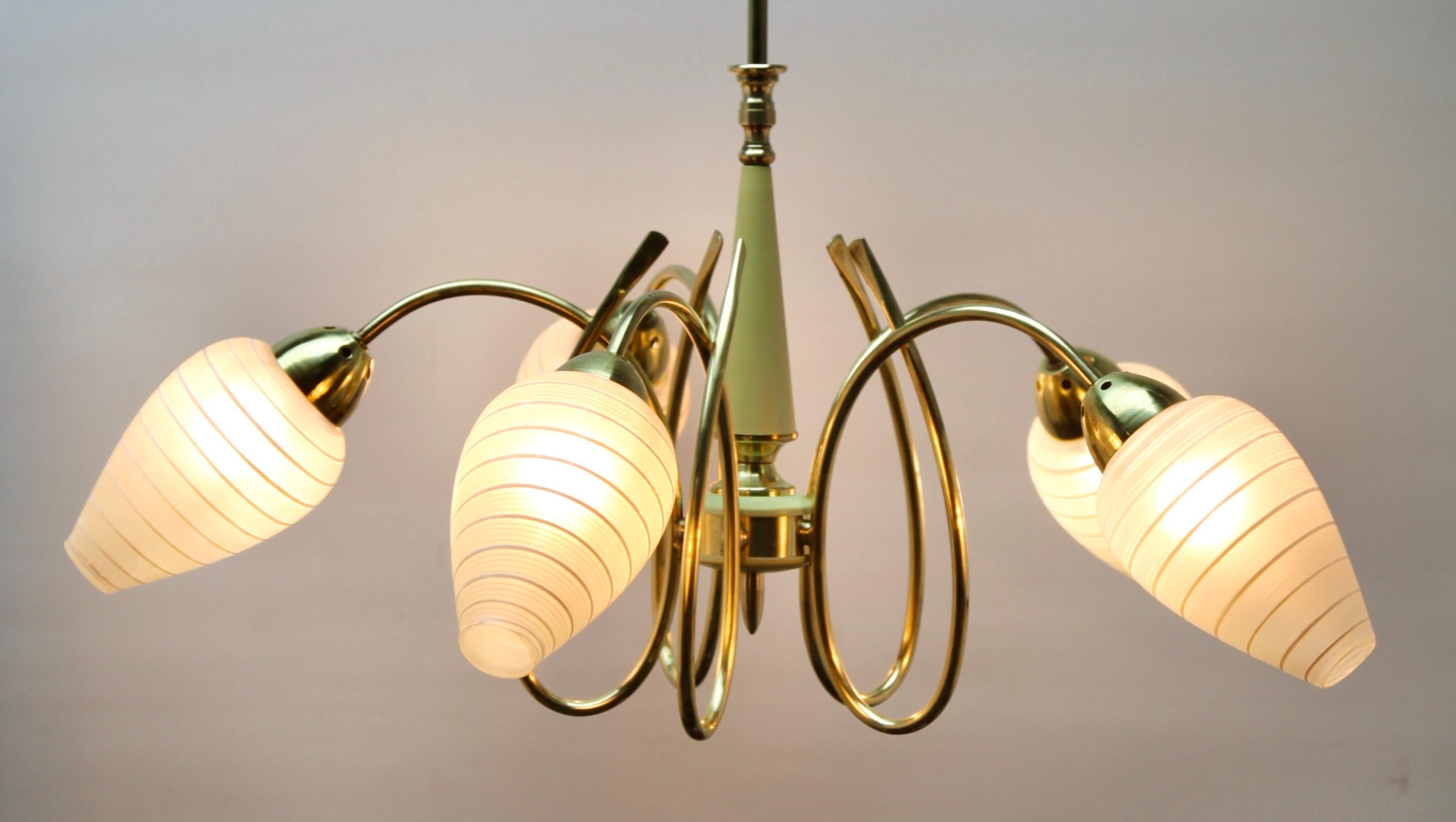 Brass Vintage Chandelier in the Style of Stilnovo Five Arms Italian, 1960s For Sale