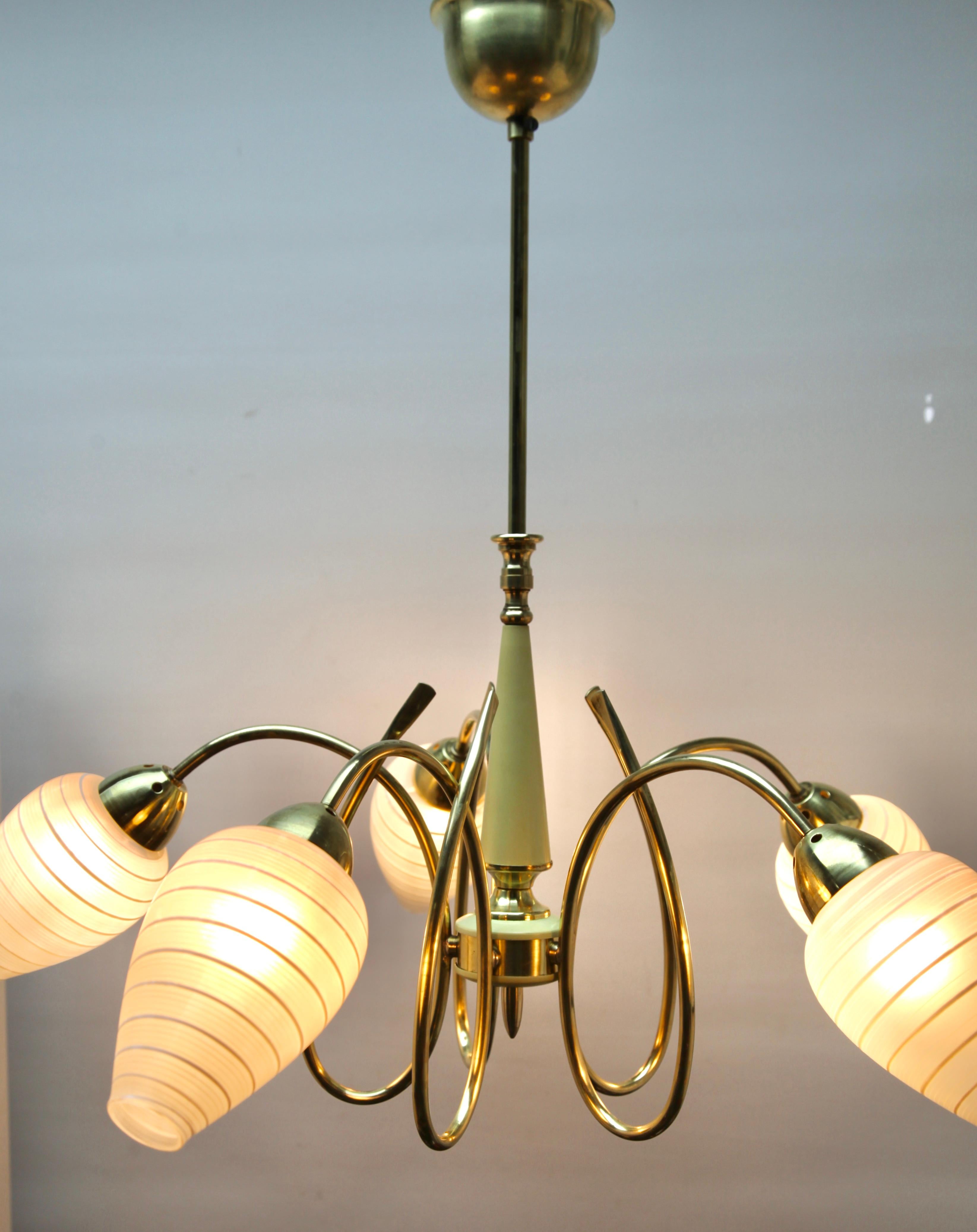 Brass Vintage Chandelier in the Style of Stilnovo Five Arms Italian, 1960s For Sale